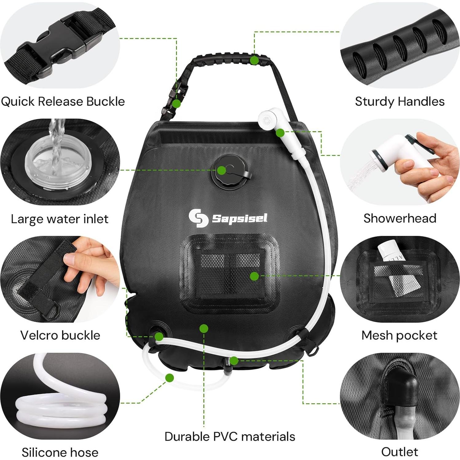 Bolsa de Ducha Solar Sapsisel 20L con Manguera y Cabezal Mejorado