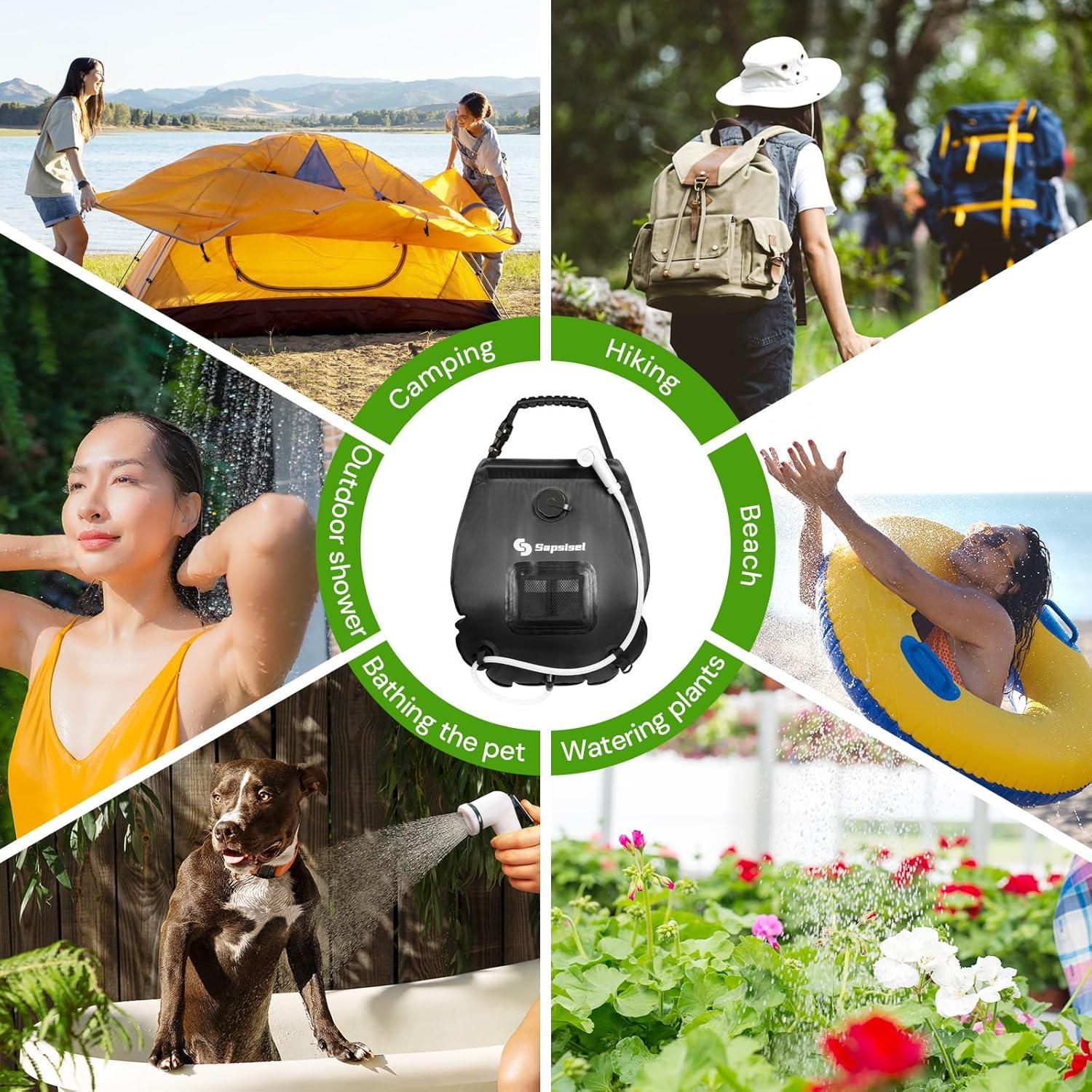 Bolsa de Ducha Solar Sapsisel 20L con Manguera y Cabezal Mejorado