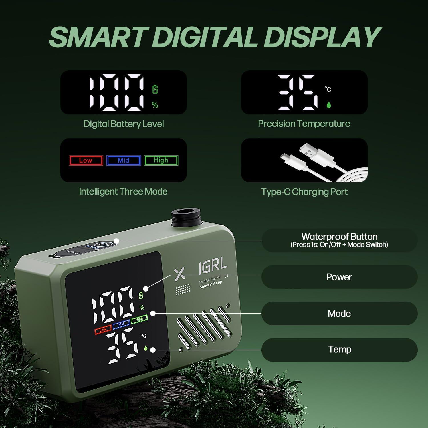 Ducha Portátil IGRL L1 10L/min Batería 7800mAh IPX8 Verde