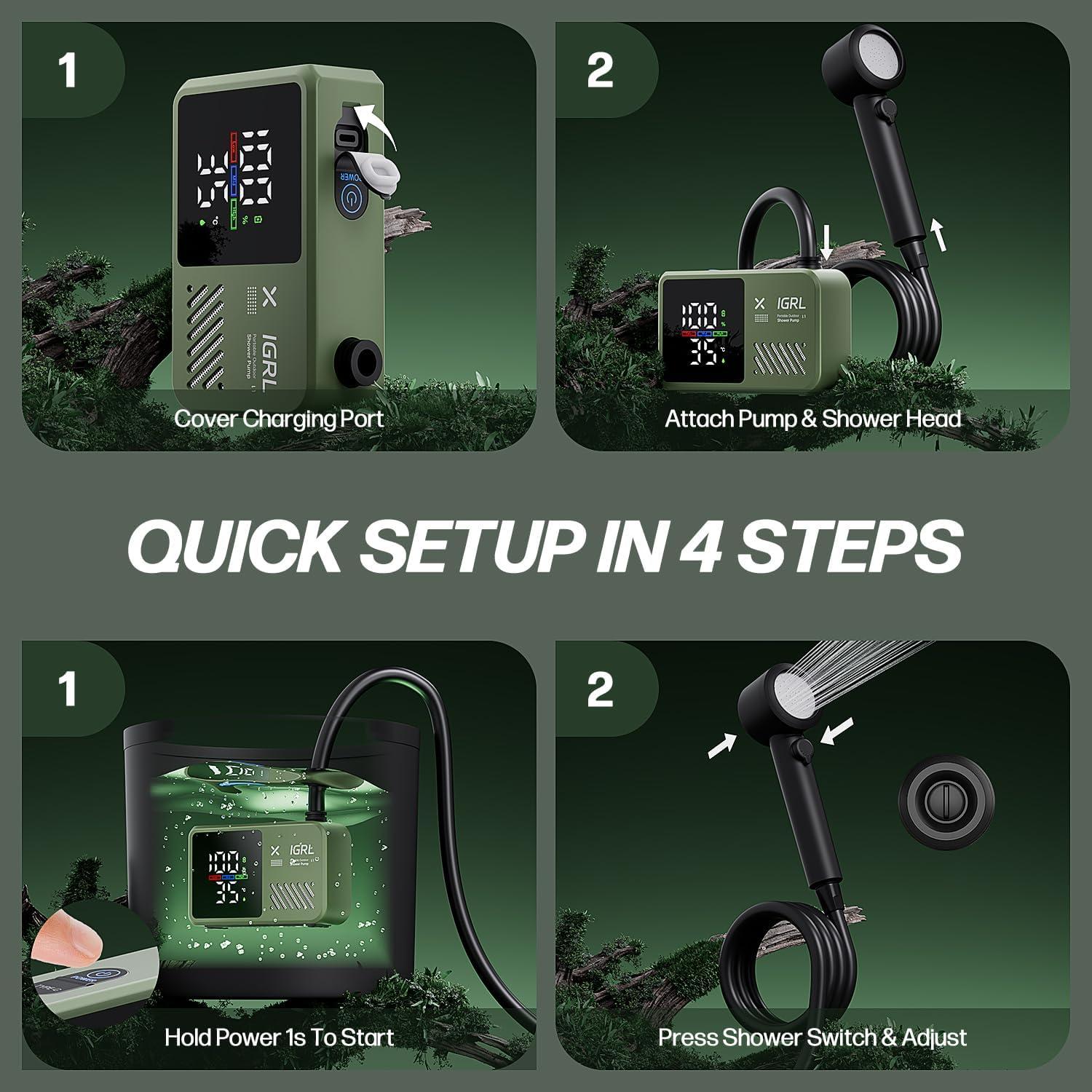 Ducha Portátil IGRL L1 10L/min Batería 7800mAh IPX8 Verde