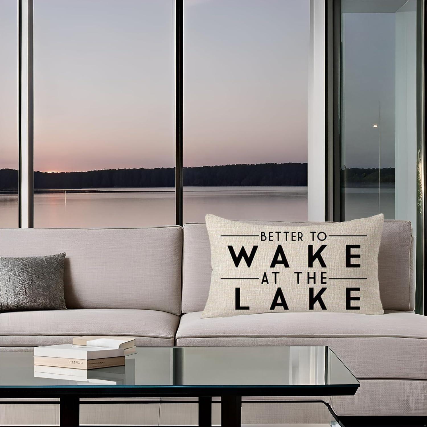 Better to Wake at The Lake Adventure Awaits Cotton Linen Decorative Throw Pillow Cover Cushion Case Lumbar 12X20 inches