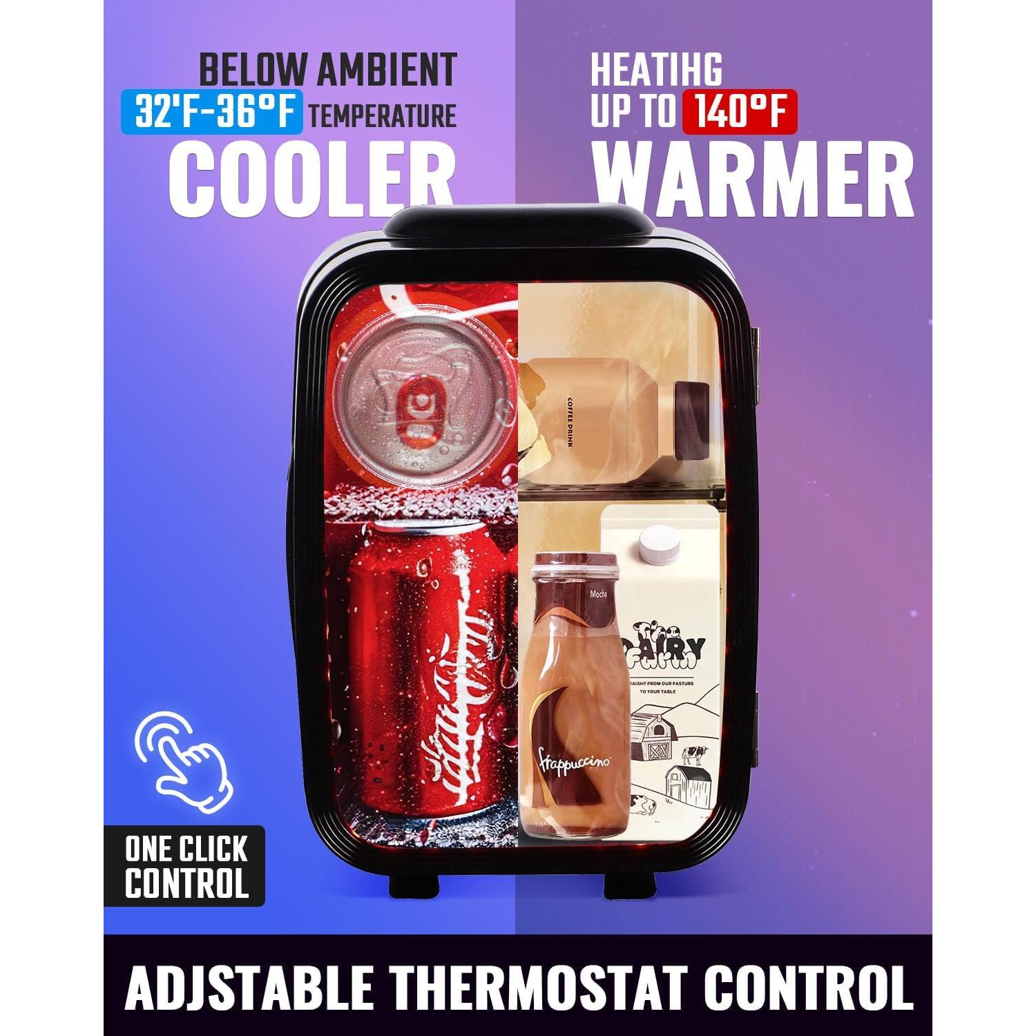 Mini Fridge, 4 Liter/6 Cans Small Refrigerator With Dimmable LED Light,AC/DC Portable Mini Cooler and Warmer, Gaming Small Fridge for Bedroom,Office,Gaming Room and Car (Black)