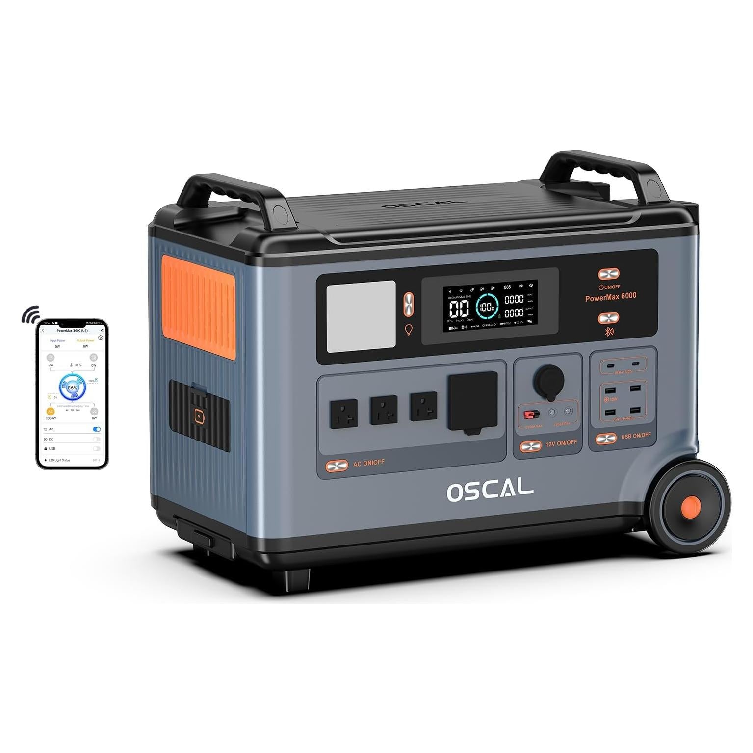 OSCAL PowerMax 6000 Solar Generator, 3600Wh LFP Battery Power Station, Expandable to 57.6kWh, 120/240V Split Phase Voltage 6000W AC Outlets (7200W Peak), 2200W/1.96H Fast Charging, Emergency for Home