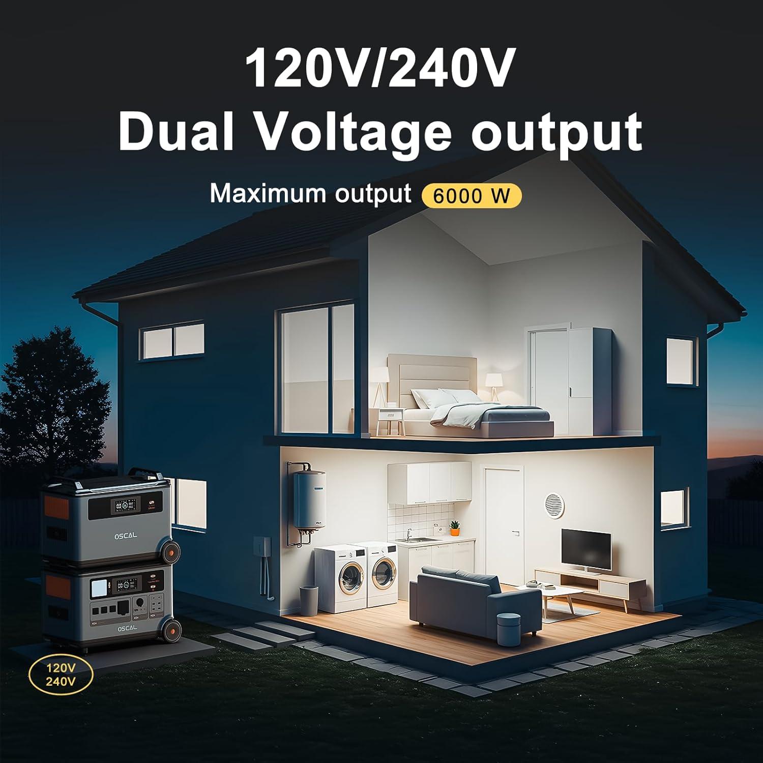 OSCAL PowerMax 6000 Solar Generator, 3600Wh LFP Battery Power Station, Expandable to 57.6kWh, 120/240V Split Phase Voltage 6000W AC Outlets (7200W Peak), 2200W/1.96H Fast Charging, Emergency for Home