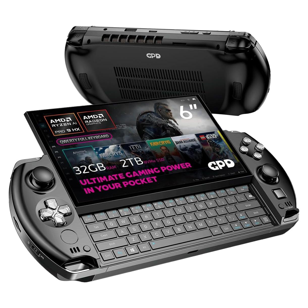 Win 4 2025 Handheld Gaming PC with AMD Ryzen AI 9 HX 370, 12C/24T, 5.1GHz, Radeon 890M, 32GB LPDDR5X RAM, 2TB SSD, 6" 1080P Display, OcuLink Slide up Backlit Keyboard, Portable Gaming Console