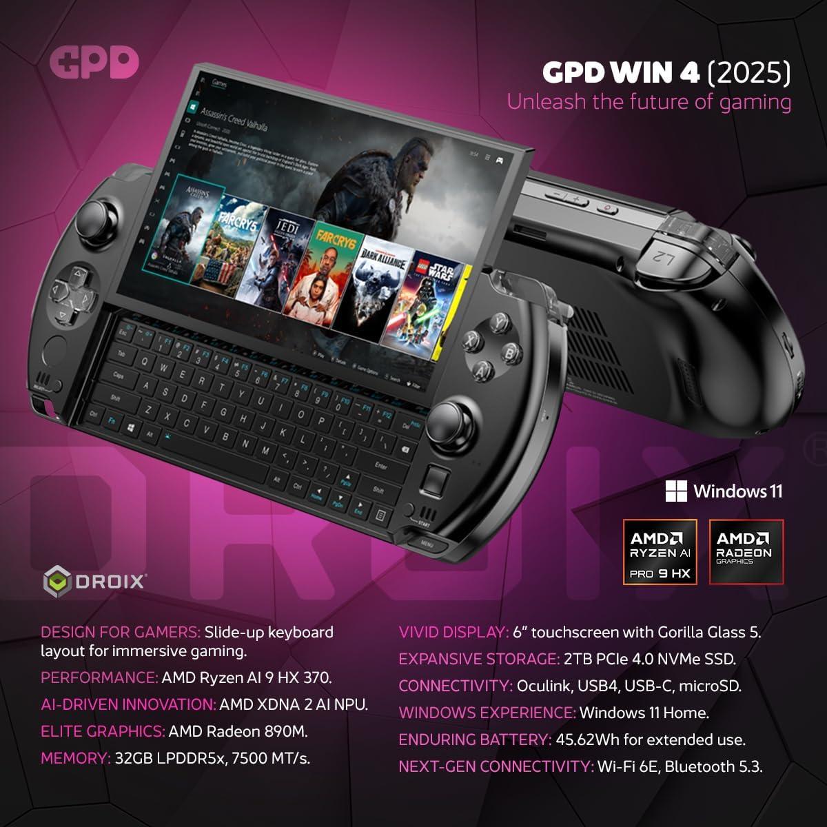 Win 4 2025 Handheld Gaming PC with AMD Ryzen AI 9 HX 370, 12C/24T, 5.1GHz, Radeon 890M, 32GB LPDDR5X RAM, 2TB SSD, 6" 1080P Display, OcuLink Slide up Backlit Keyboard, Portable Gaming Console