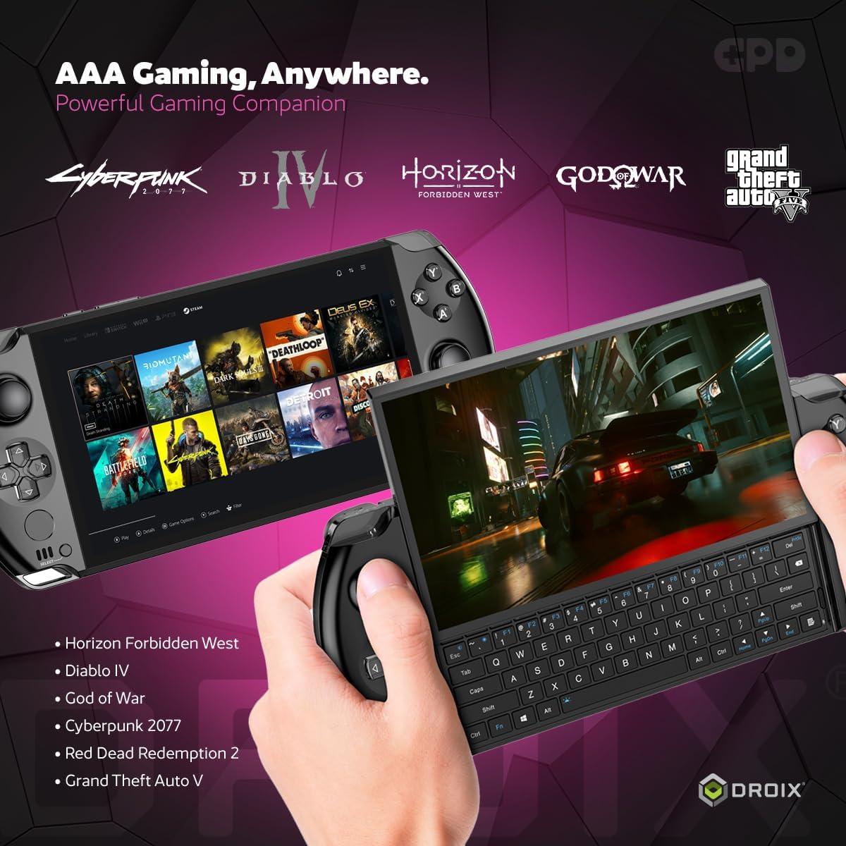 Win 4 2025 Handheld Gaming PC with AMD Ryzen AI 9 HX 370, 12C/24T, 5.1GHz, Radeon 890M, 32GB LPDDR5X RAM, 2TB SSD, 6" 1080P Display, OcuLink Slide up Backlit Keyboard, Portable Gaming Console