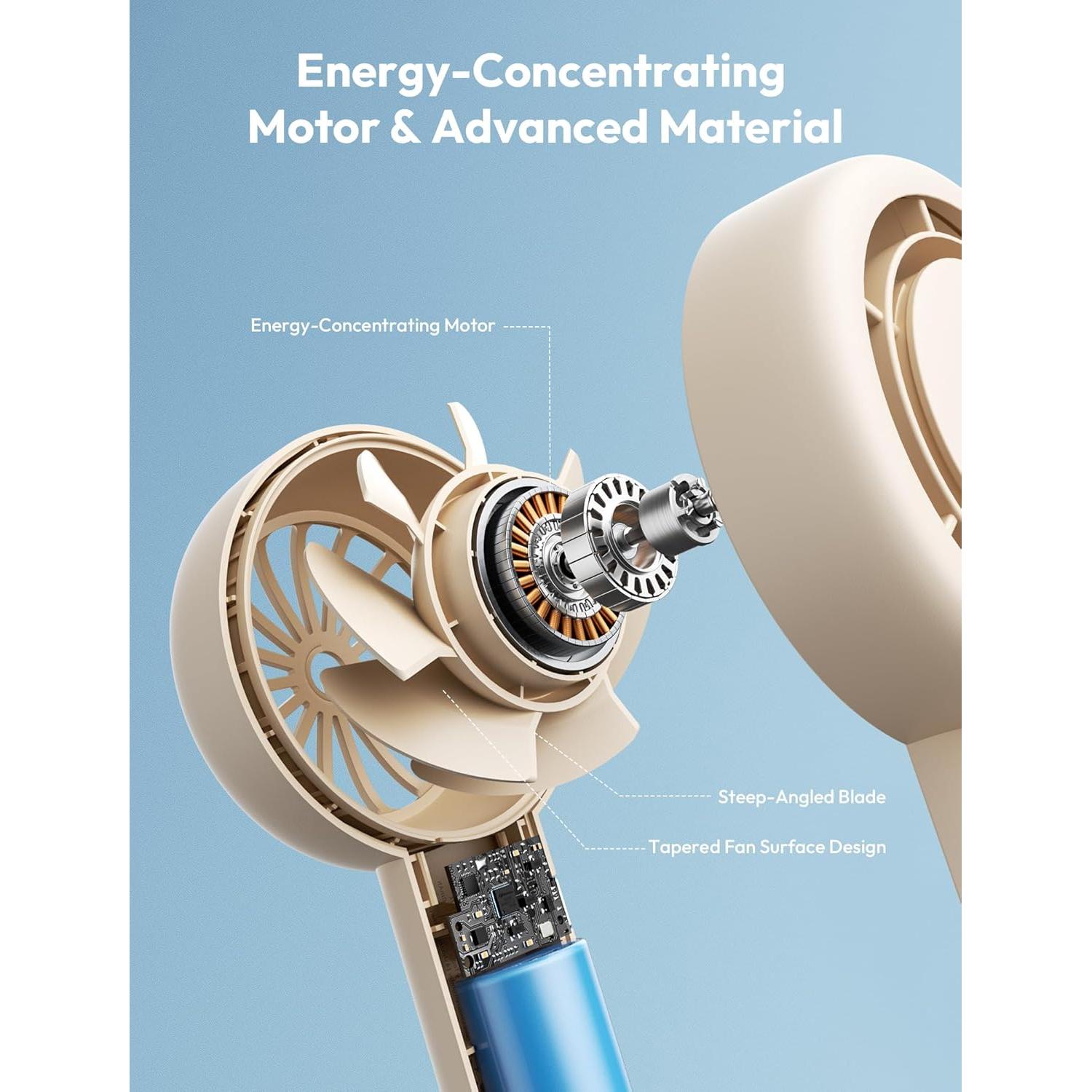 Aecooly Portable Handheld Turbo Fan [16H Max Cooling Time], 5 Speeds USB Rechargeable Mini Personal Battery Operated Small Pocket Cooling Fan GIfts for Women, Travel, Home, Office, Beach, Lash -Beige