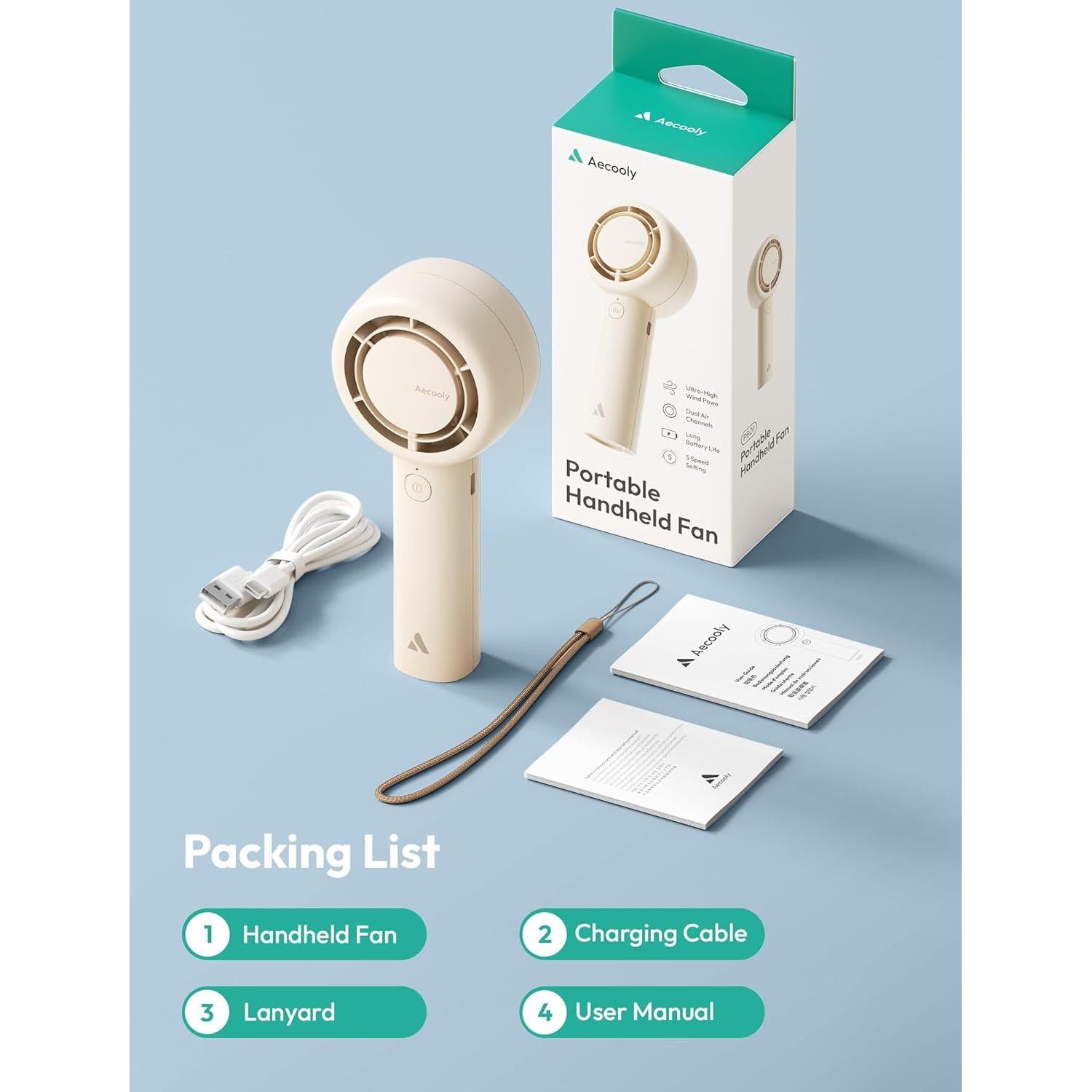 Aecooly Portable Handheld Turbo Fan [16H Max Cooling Time], 5 Speeds USB Rechargeable Mini Personal Battery Operated Small Pocket Cooling Fan GIfts for Women, Travel, Home, Office, Beach, Lash -Beige