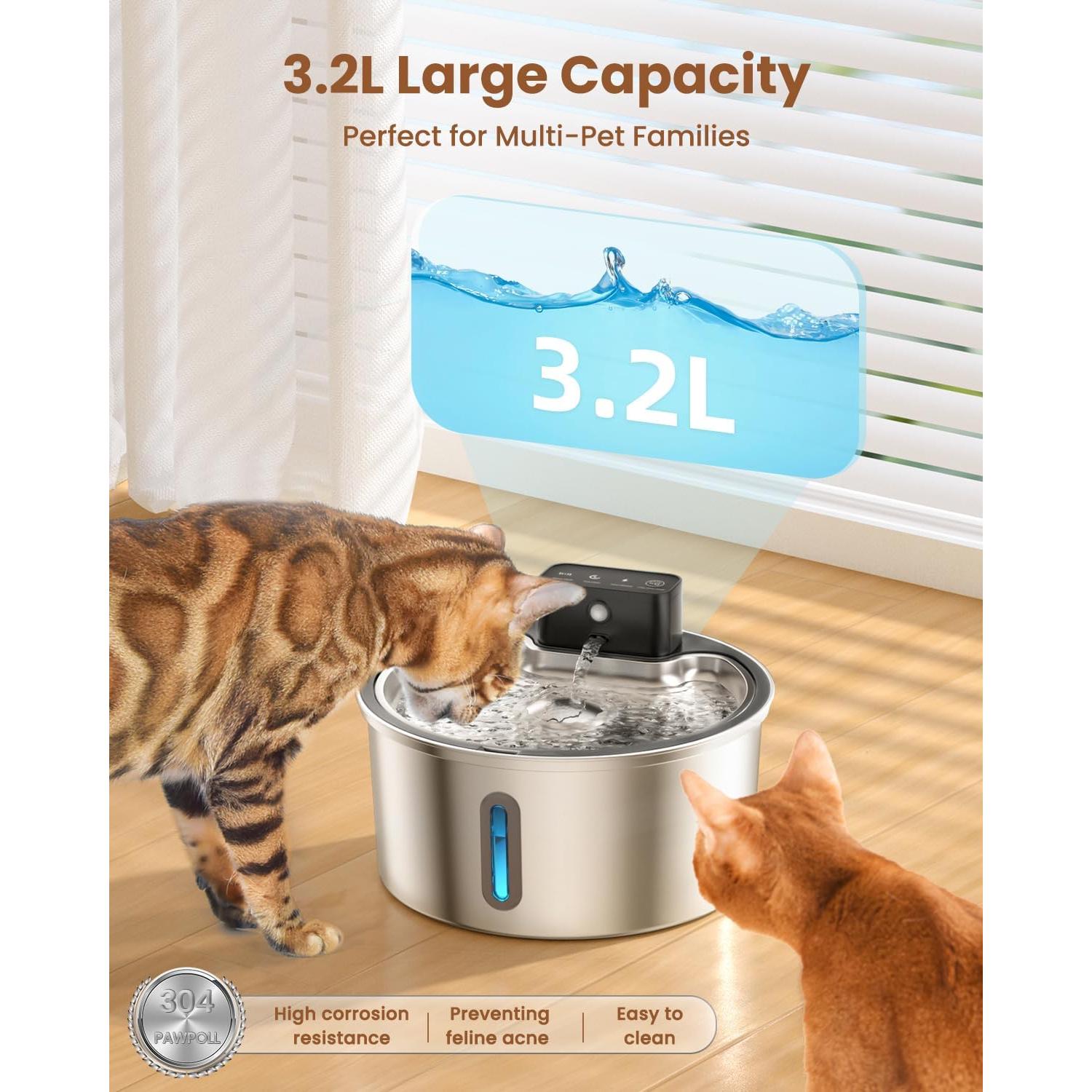 Fuente de Agua Inalámbrica PawPoll para Gatos 3.2L Acero Inoxidable