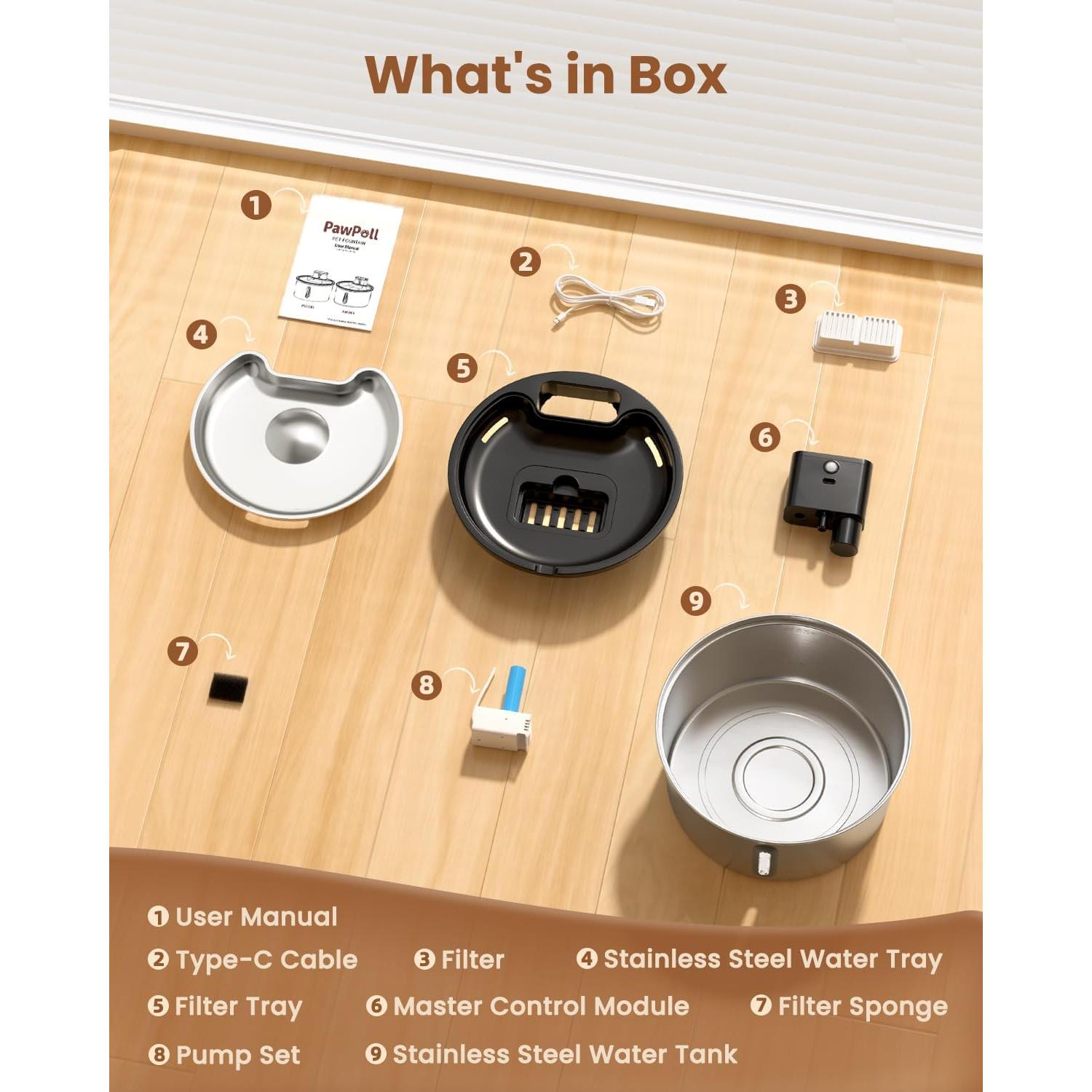 Fuente de Agua Inalámbrica PawPoll para Gatos 3.2L Acero Inoxidable