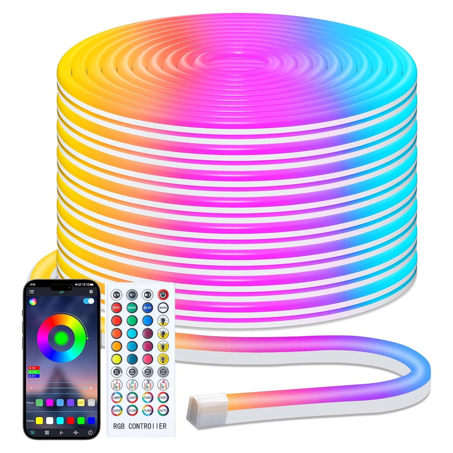 33Ft Led Neon Rope Lights, RGB LED Strip Lights, Control with App/Remote, IP68 Waterproof Flexible Outdoor Led Rope Lights, Multiple Modes, Music Sync Neon Lights for Bedroom Gaming Room Decor