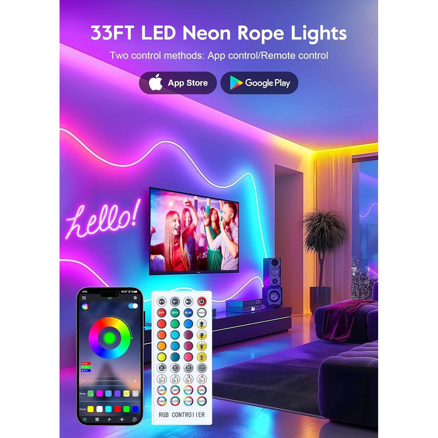 33Ft Led Neon Rope Lights, RGB LED Strip Lights, Control with App/Remote, IP68 Waterproof Flexible Outdoor Led Rope Lights, Multiple Modes, Music Sync Neon Lights for Bedroom Gaming Room Decor
