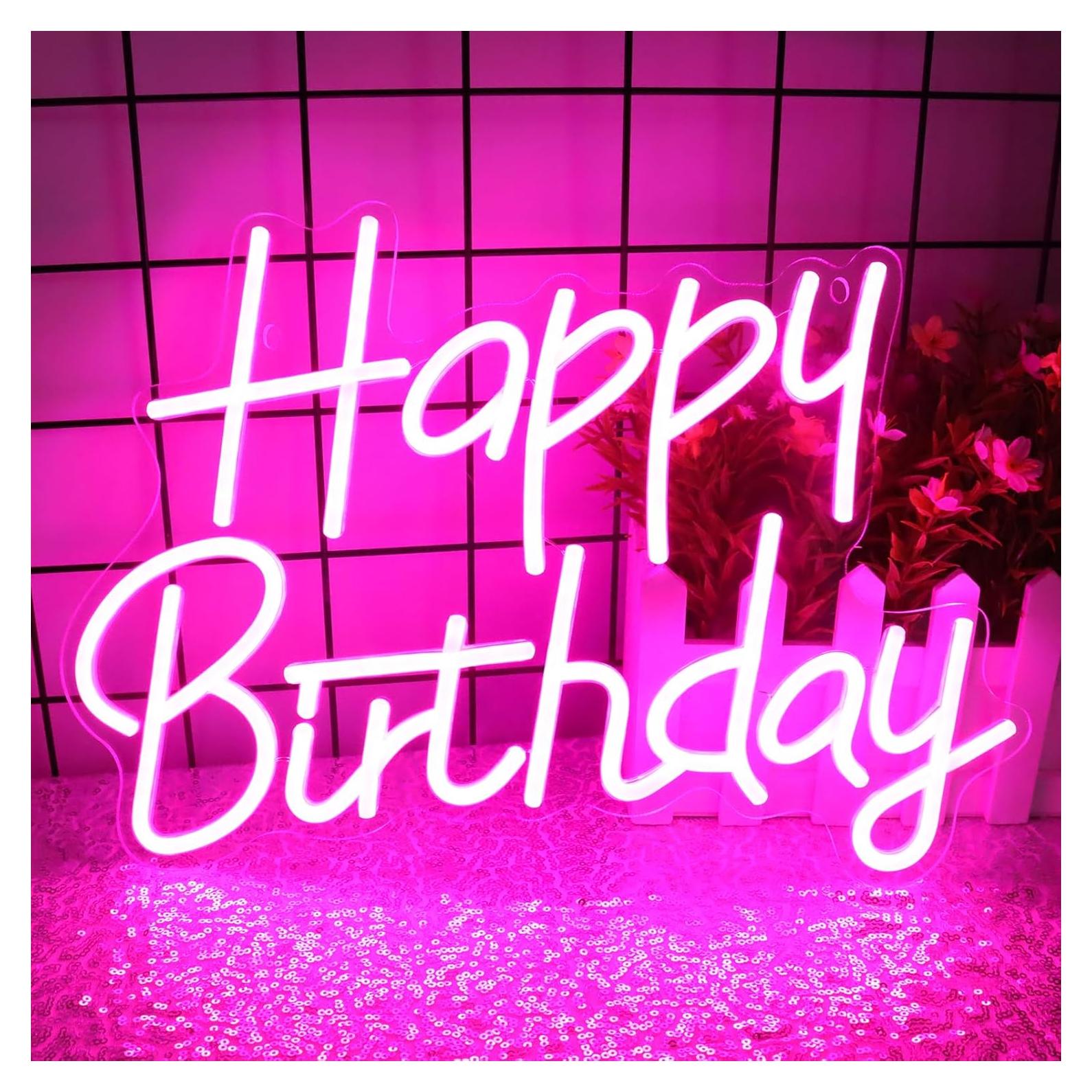 Cartel de Neón LED Dimmable Feliz Cumpleaños Rosa 39.88x29.97cm