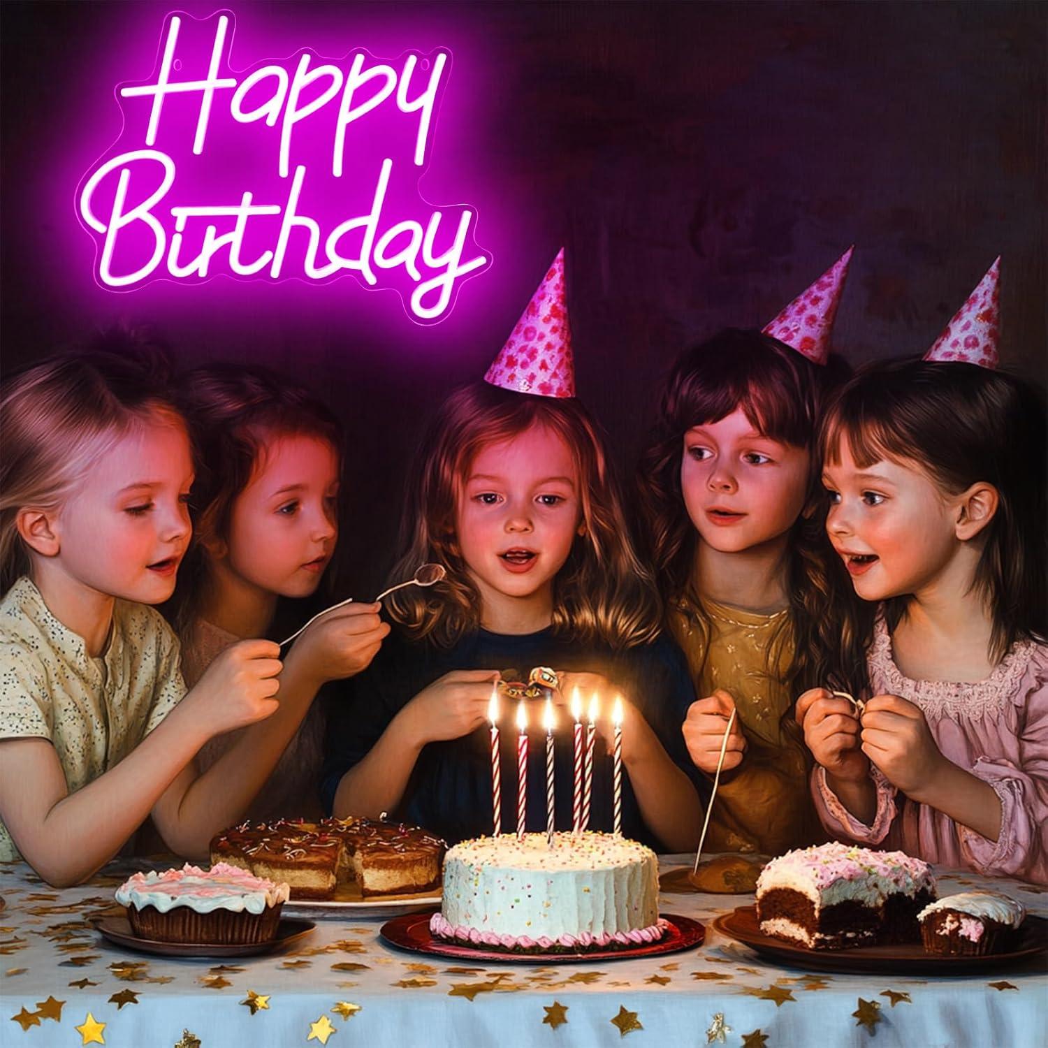 Cartel de Neón LED Dimmable Feliz Cumpleaños Rosa 39.88x29.97cm