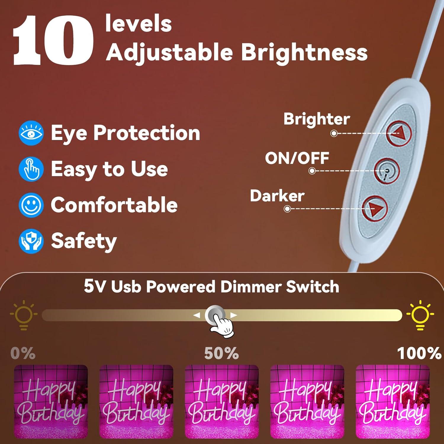 Cartel de Neón LED Dimmable Feliz Cumpleaños Rosa 39.88x29.97cm