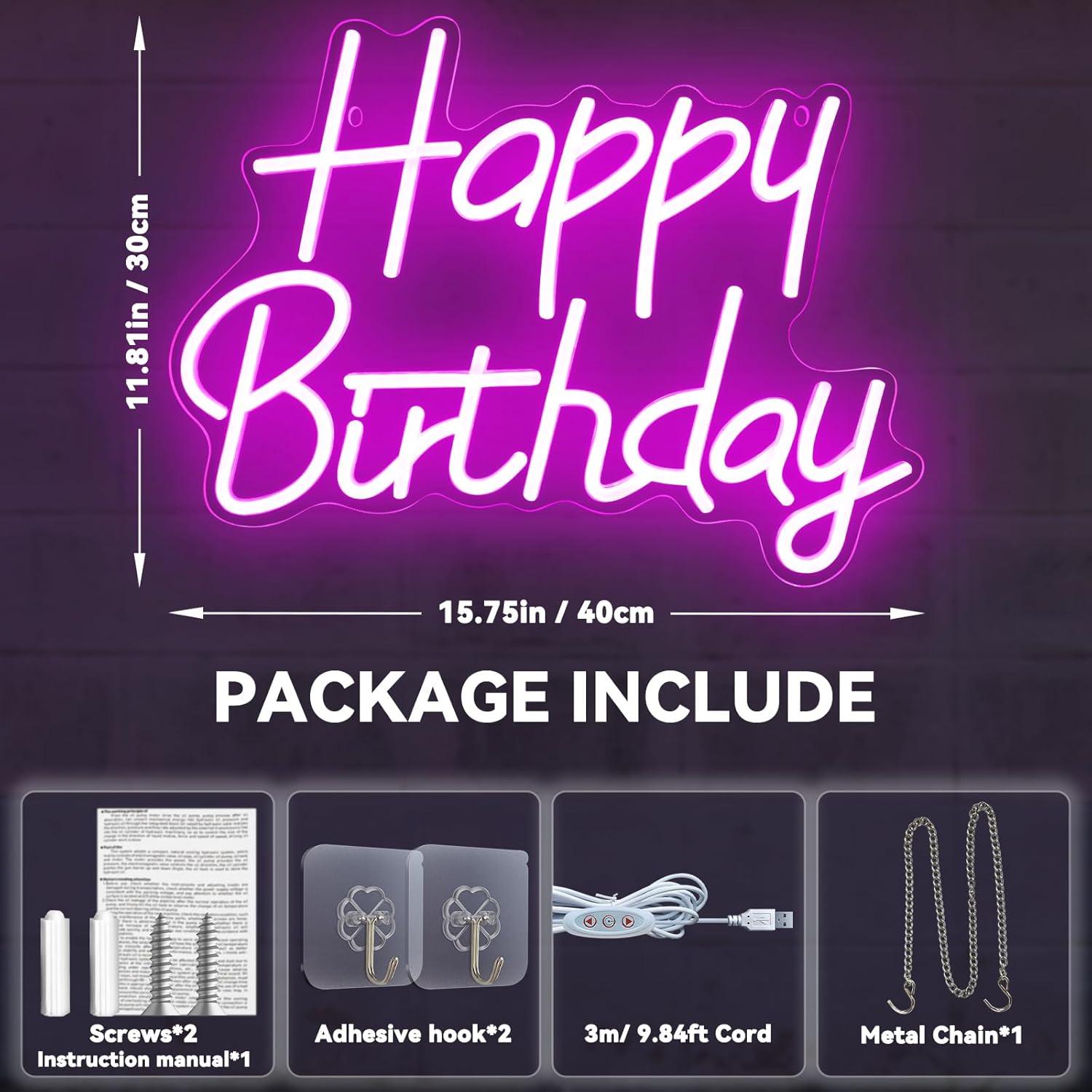 Cartel de Neón LED Dimmable Feliz Cumpleaños Rosa 39.88x29.97cm