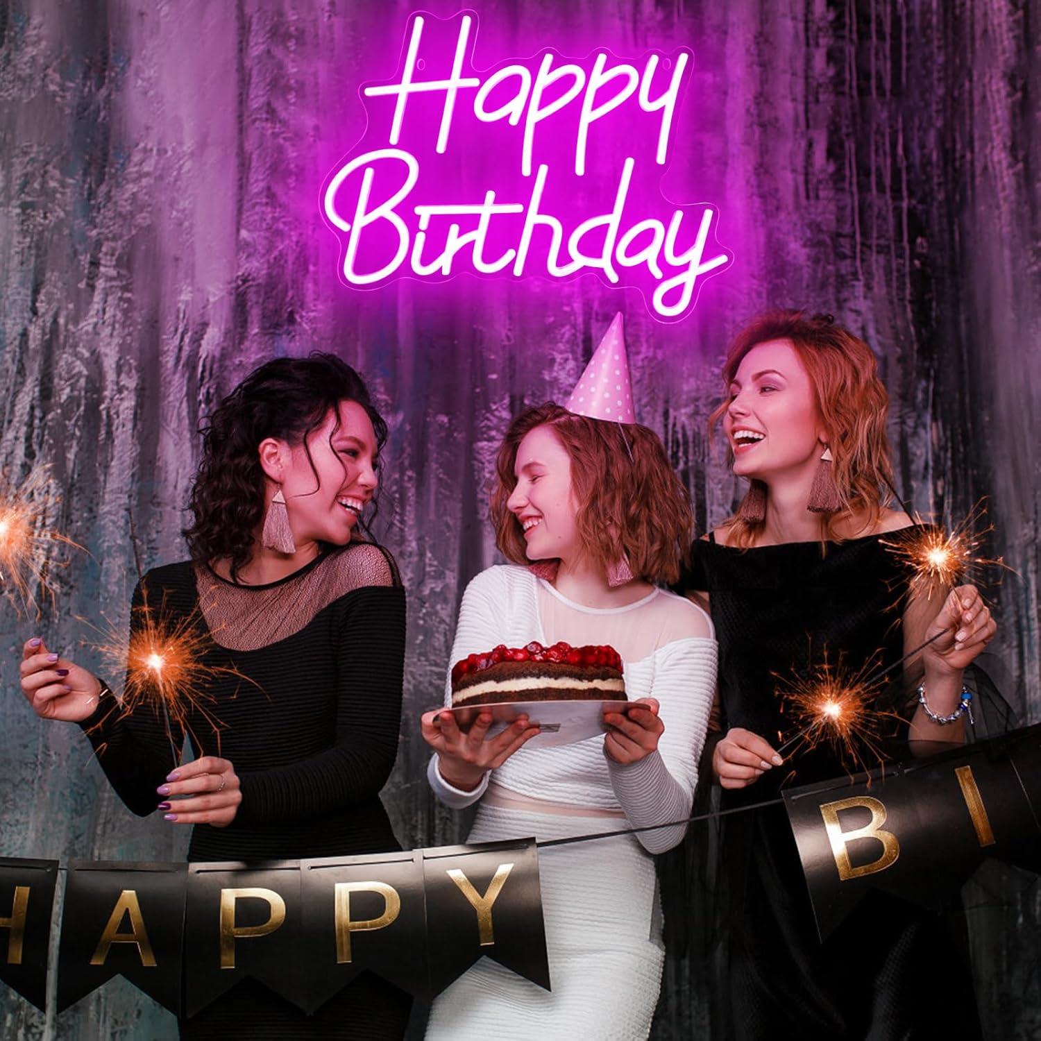 Cartel de Neón LED Dimmable Feliz Cumpleaños Rosa 39.88x29.97cm