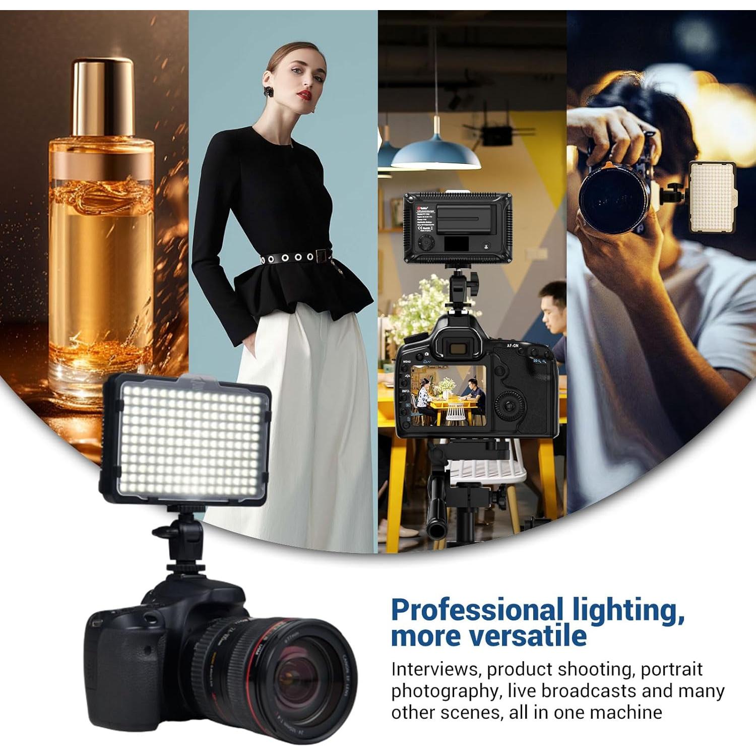 Tolifo PT-176S on Camera Video Light, Dimmable 11W LED Light Panel with 2200mAh Rechargable Battery and Charger, Portable Photo Studio Video Photography Light with 5 Color Filters Hot Shoe