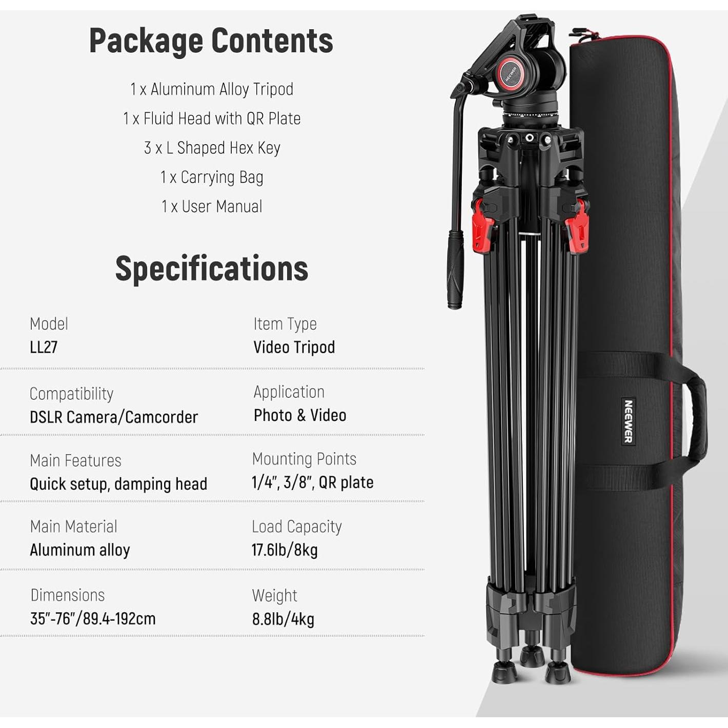 Trípode de Cámara NEEWER LL27 Aluminio 76" Carga 8kg