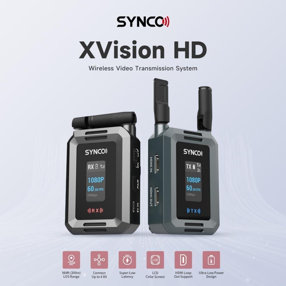 Synco Xvision Video Transmission System HD 300 Meters 1080P 60fps HDMI Transmitter and Receiver 40ms Latency Real-Time Monitoring for Live Streaming, Filming,TVC (1 TX and 1 RX)