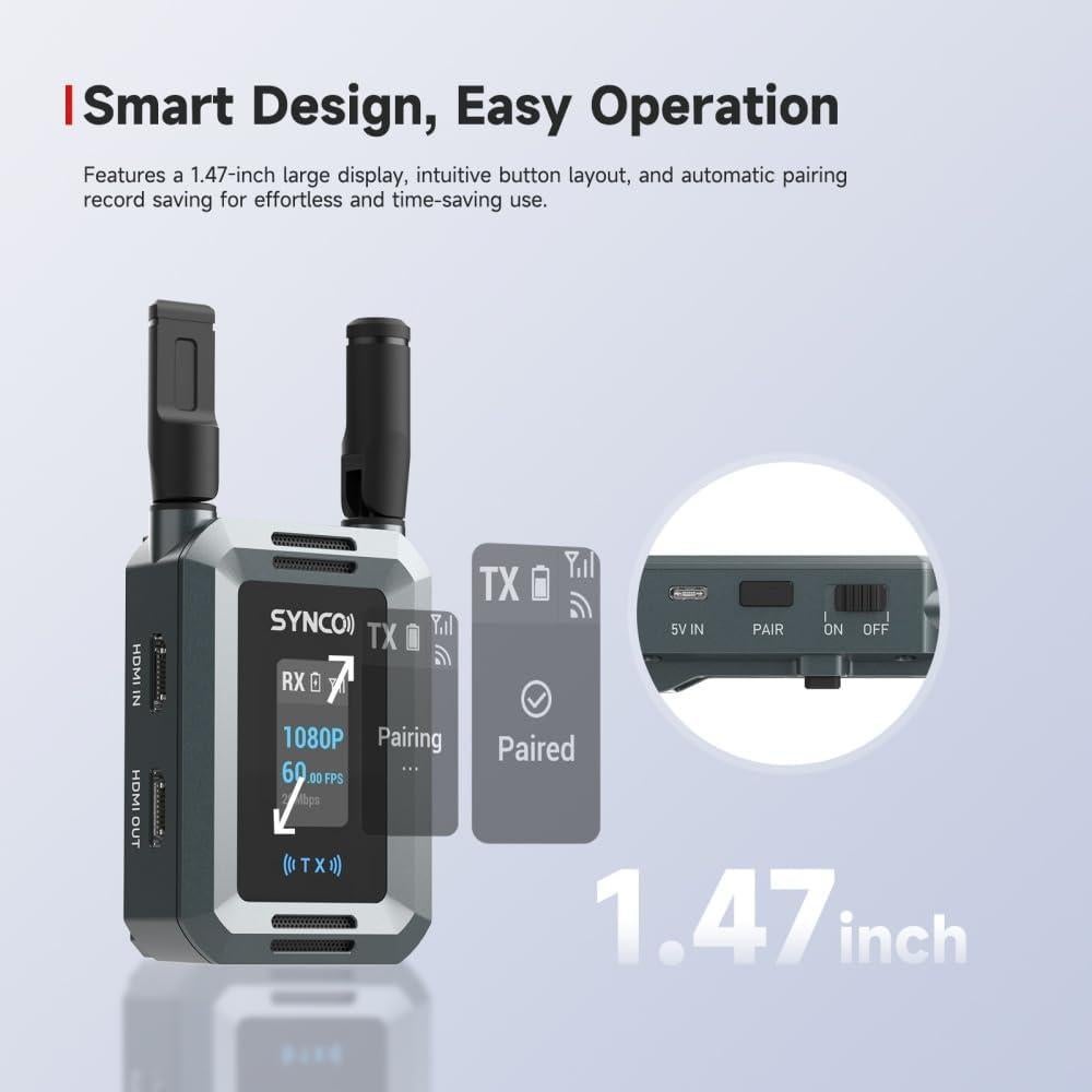 Synco Xvision Video Transmission System HD 300 Meters 1080P 60fps HDMI Transmitter and Receiver 40ms Latency Real-Time Monitoring for Live Streaming, Filming,TVC (1 TX and 1 RX)