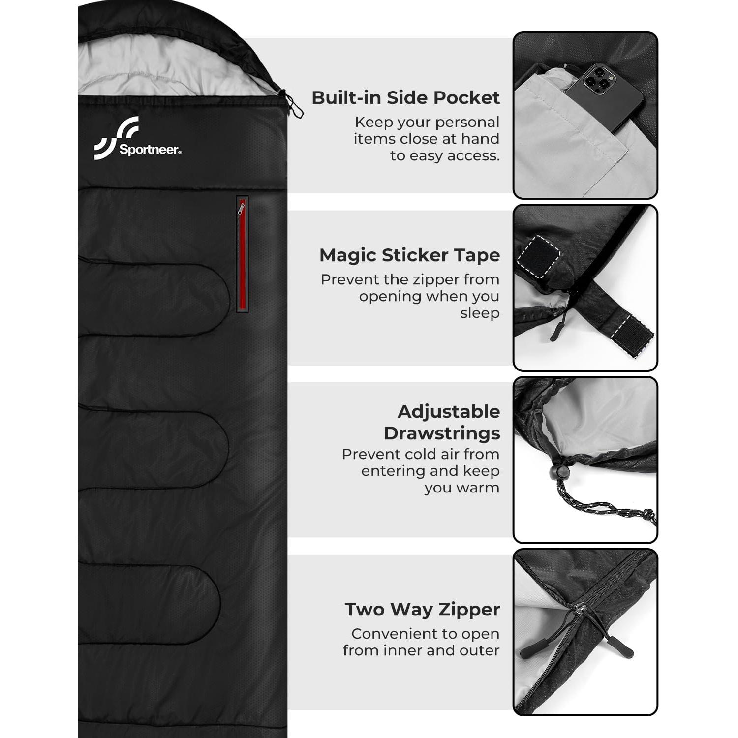 Saco de dormir Sportneer negro para adultos y niños - Impermeable