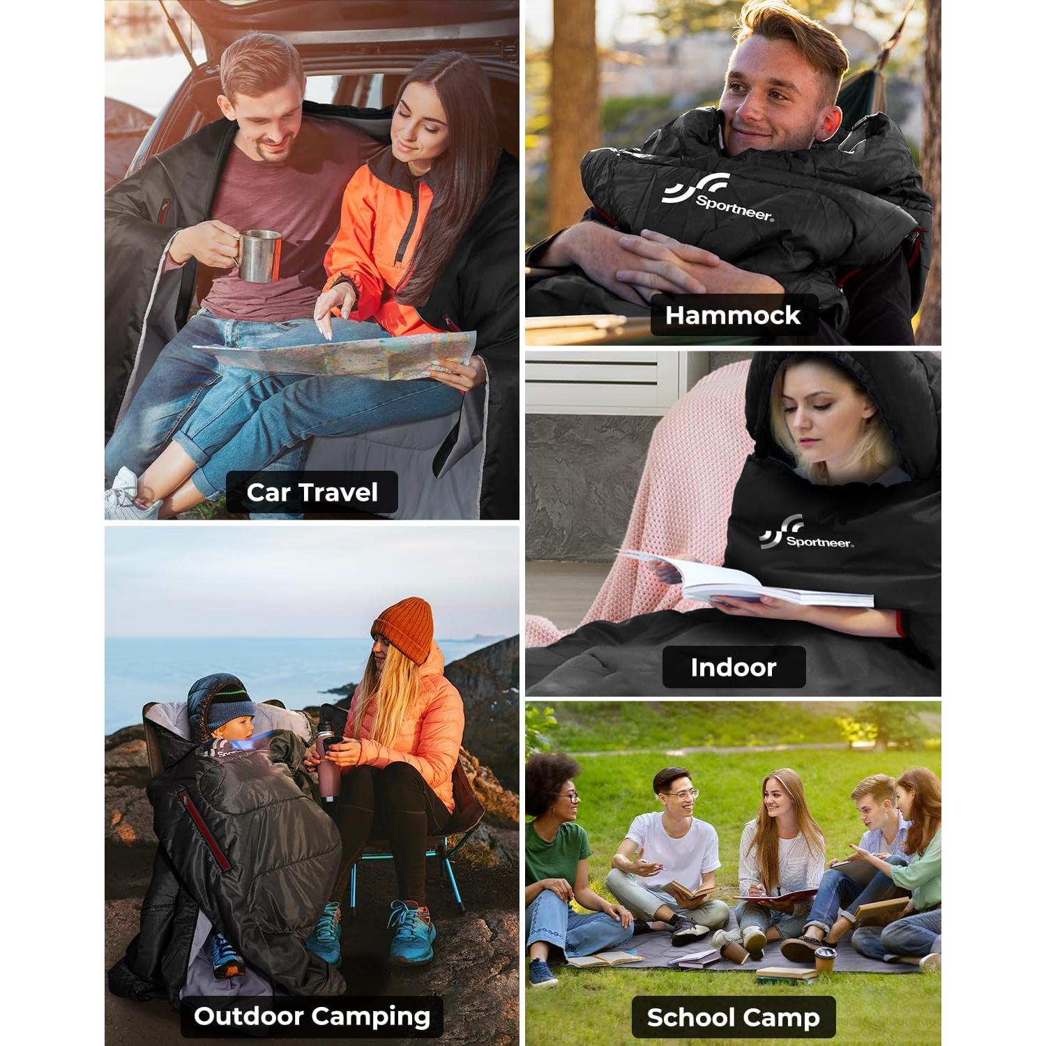 Saco de dormir Sportneer negro para adultos y niños - Impermeable