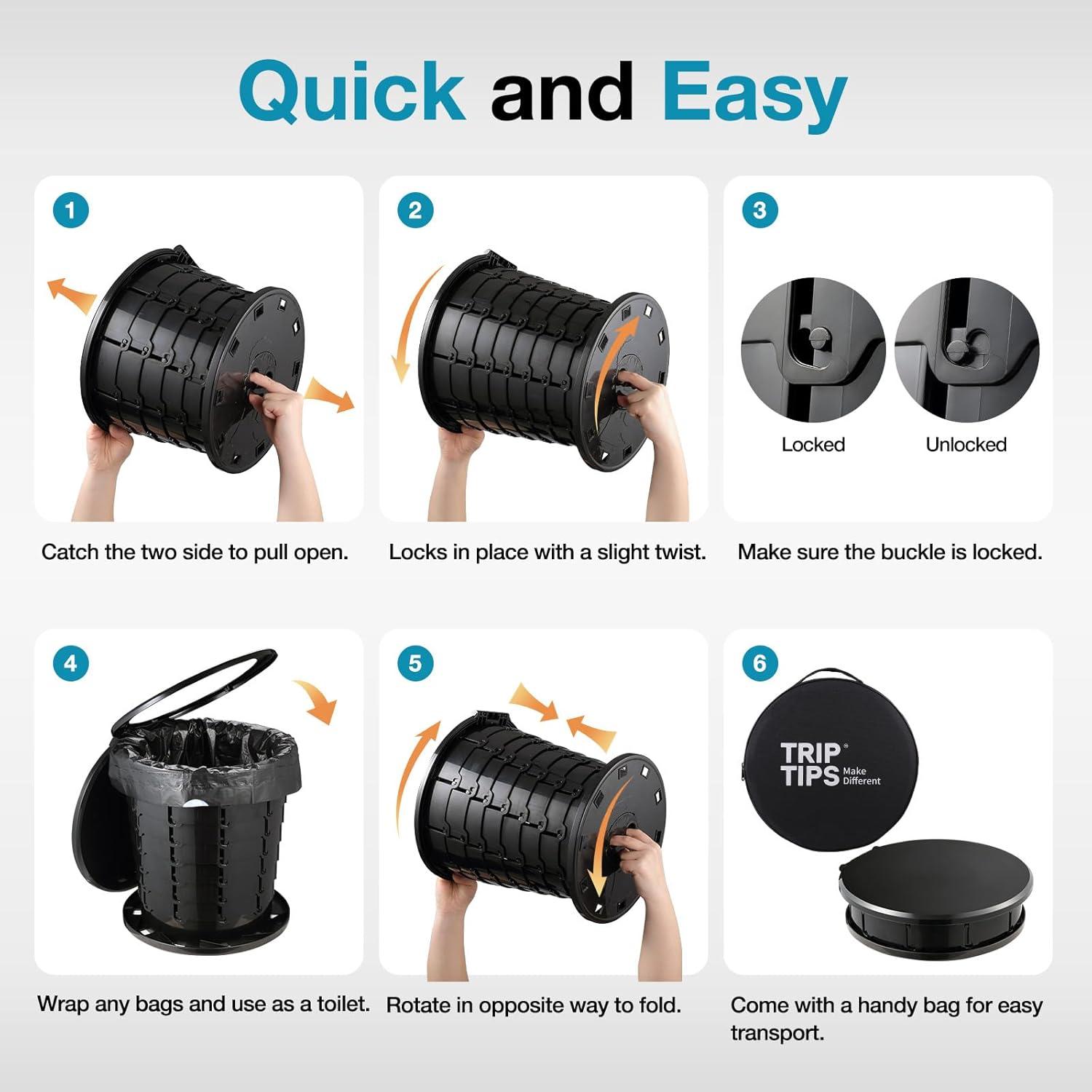 Inodoro Portátil Retráctil TRIPTIPS Ajustable 8-33 cm Negro