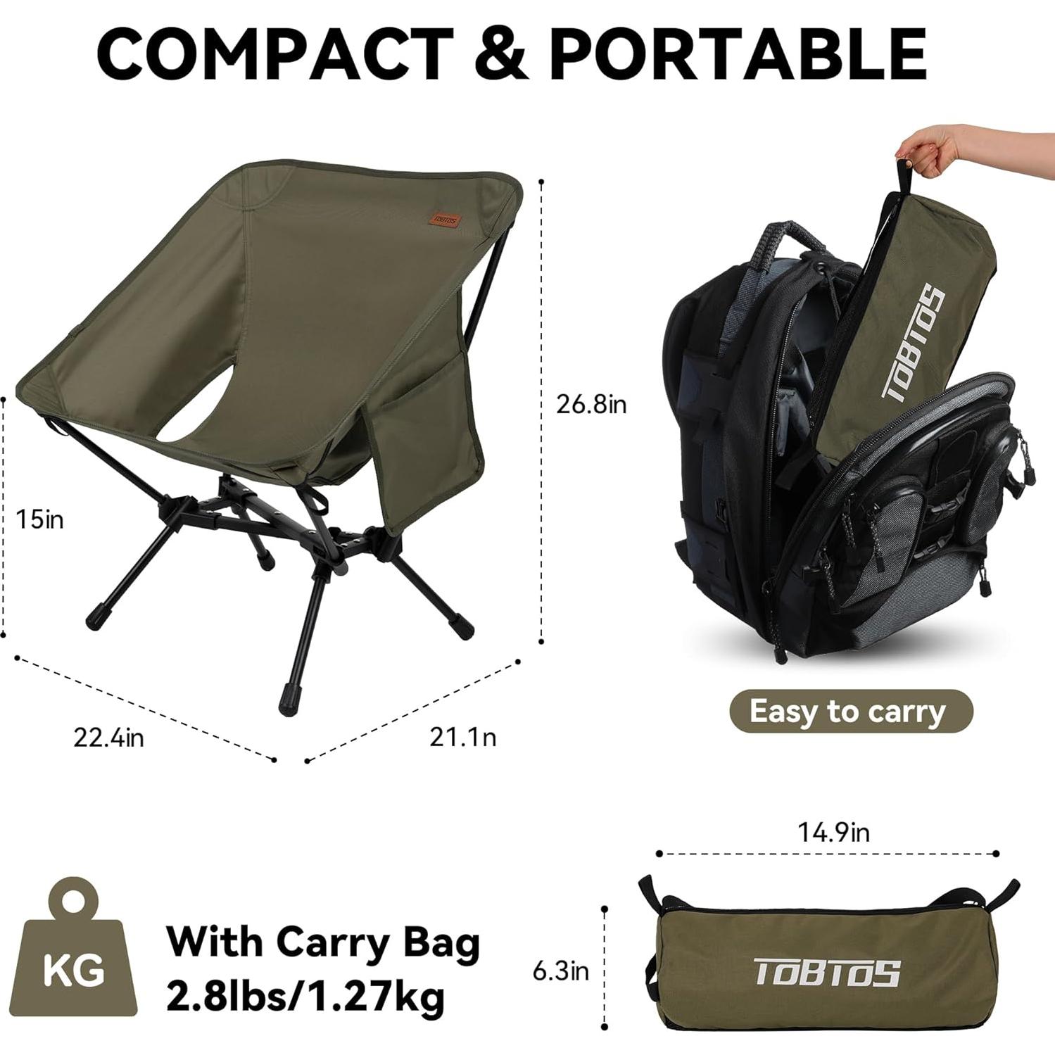 Silla de Camping Plegable TOBTOS Verde Militar, Soporta 150 kg