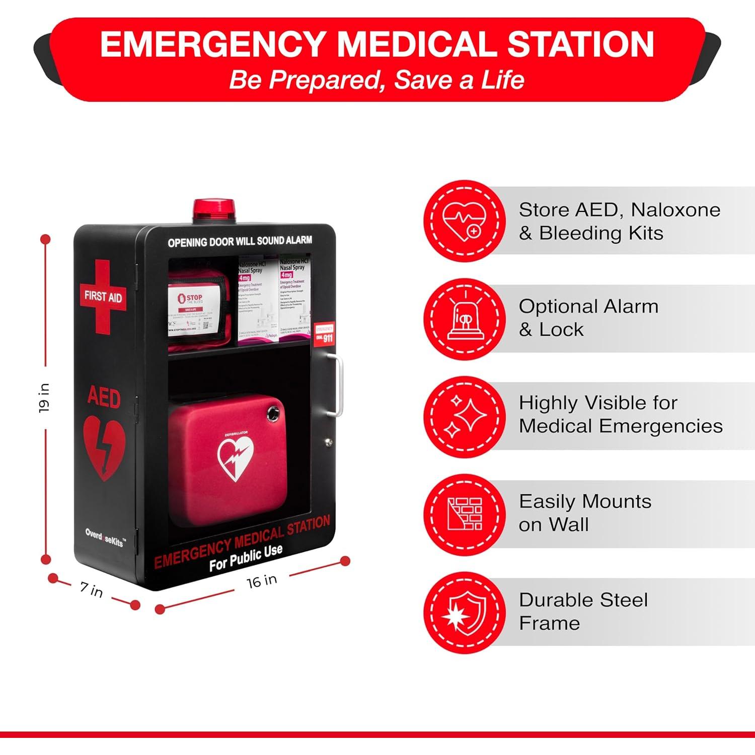 Estación Médica de Emergencia KITS DE SOBREDOSIS - Mediana, Montaje en Pared, Color Negro