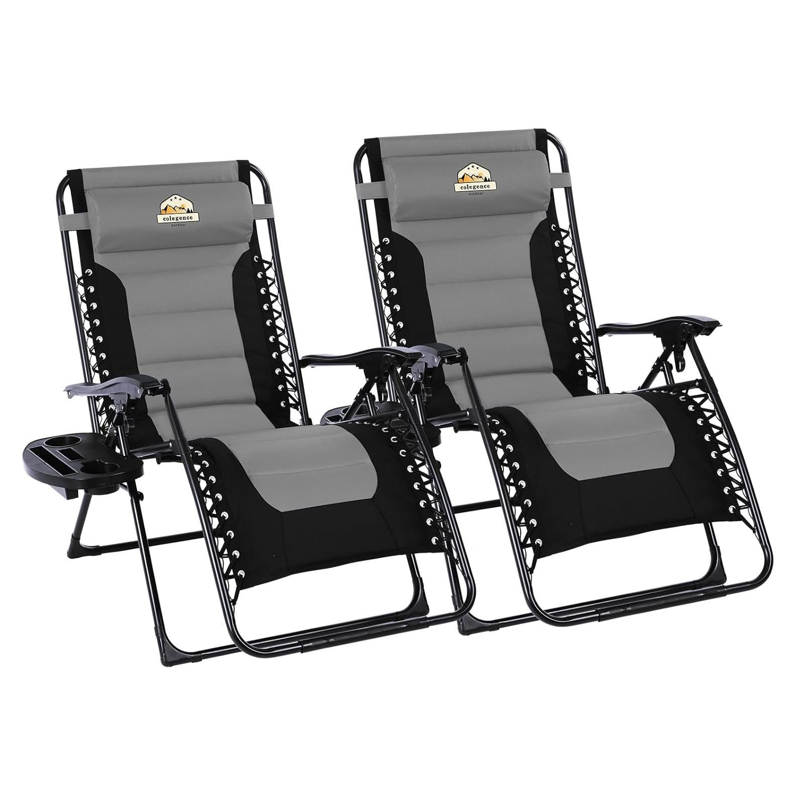 Oversized Padded Zero Gravity Lounge Chair Set of 2, Foldable Patio Anti Gravity Reclining Chairs Folding Lawn Recliner with Cup Holder for Yard, Camping, Outdoor, Support 350 LBS, Black