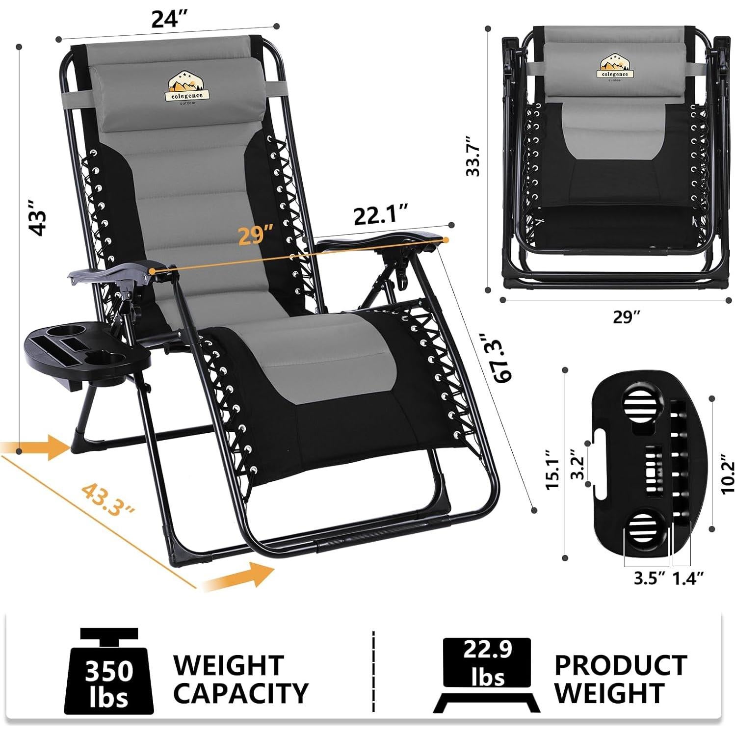 Oversized Padded Zero Gravity Lounge Chair Set of 2, Foldable Patio Anti Gravity Reclining Chairs Folding Lawn Recliner with Cup Holder for Yard, Camping, Outdoor, Support 350 LBS, Black