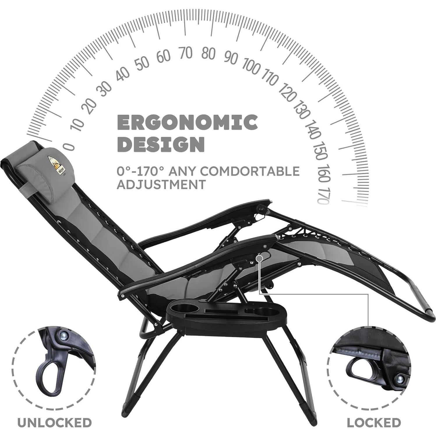 Oversized Padded Zero Gravity Lounge Chair Set of 2, Foldable Patio Anti Gravity Reclining Chairs Folding Lawn Recliner with Cup Holder for Yard, Camping, Outdoor, Support 350 LBS, Black