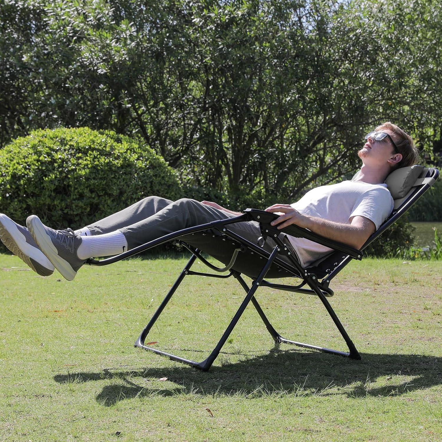 Oversized Padded Zero Gravity Lounge Chair Set of 2, Foldable Patio Anti Gravity Reclining Chairs Folding Lawn Recliner with Cup Holder for Yard, Camping, Outdoor, Support 350 LBS, Black