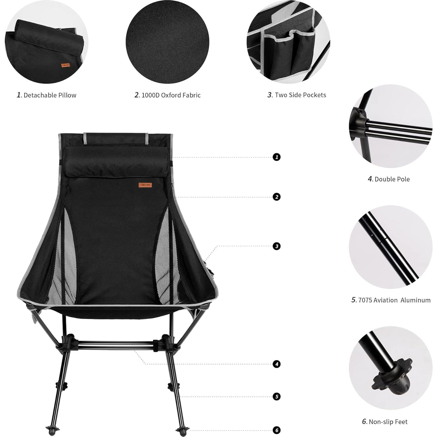 Silla de Camping TOBTOS Plegable Alta con Almohada - 150 kg