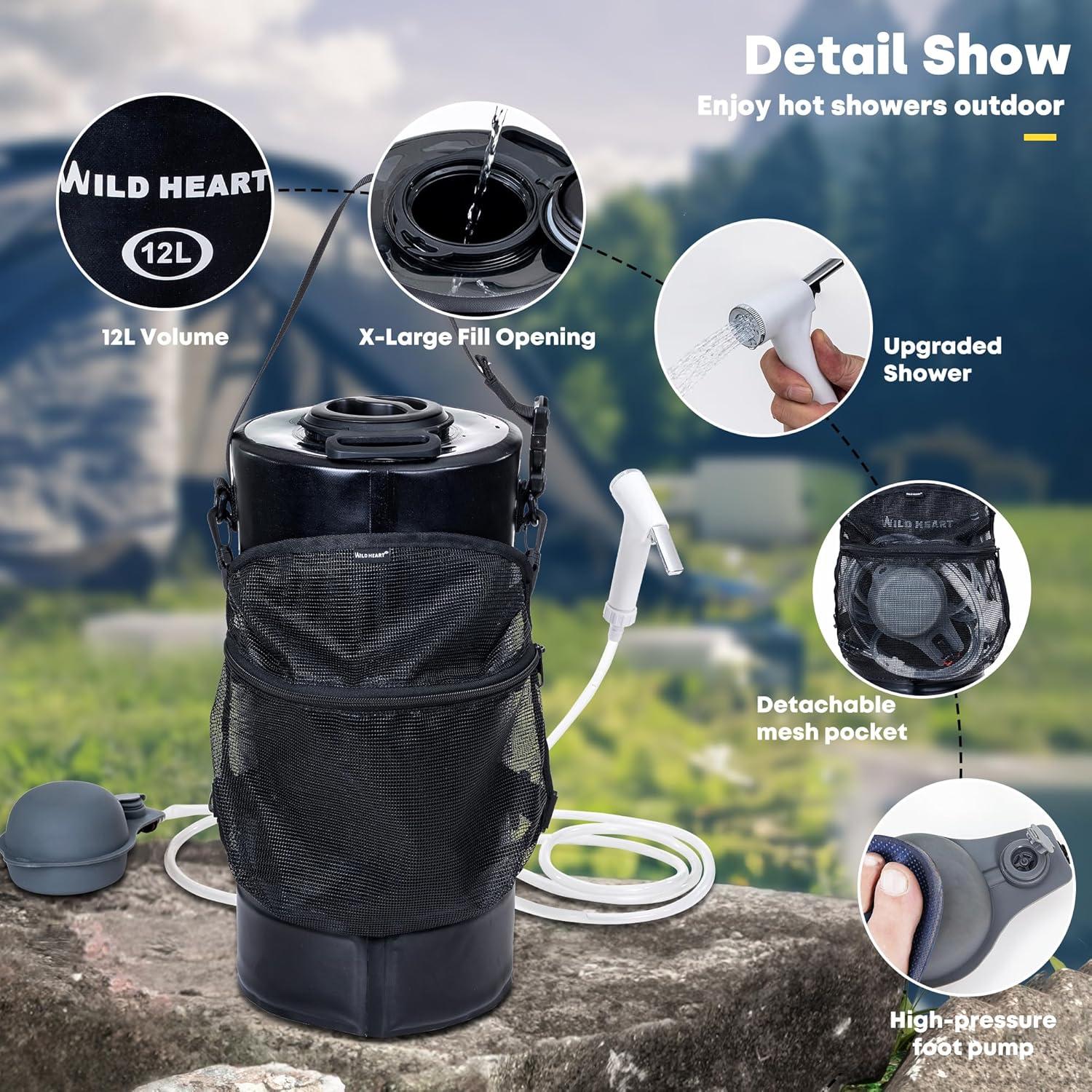 Ducha Camping WILD HEART 12L con Bomba de Pie y Manguera