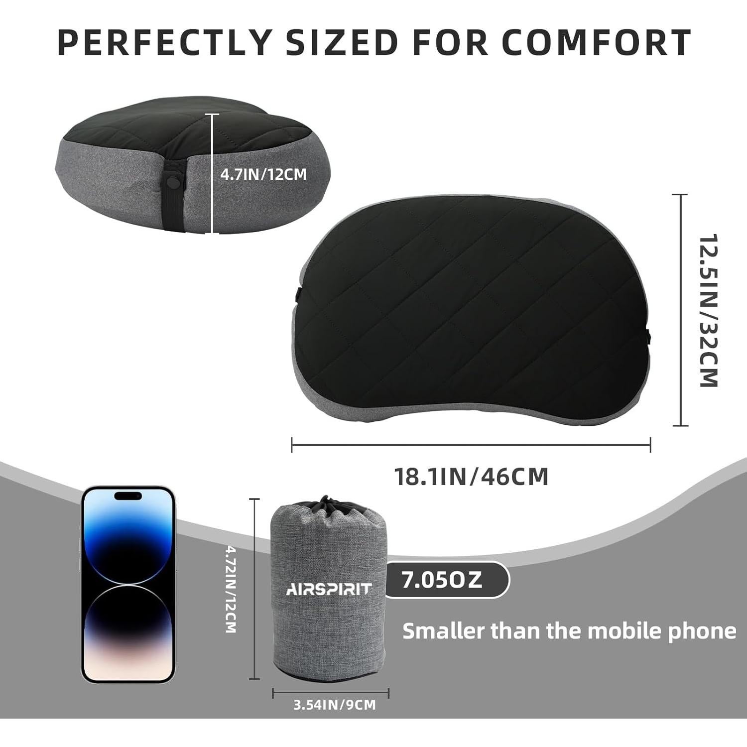 Almohada Inflable AIRSPIRIT 02 BK Negra, Compacta y Lavable