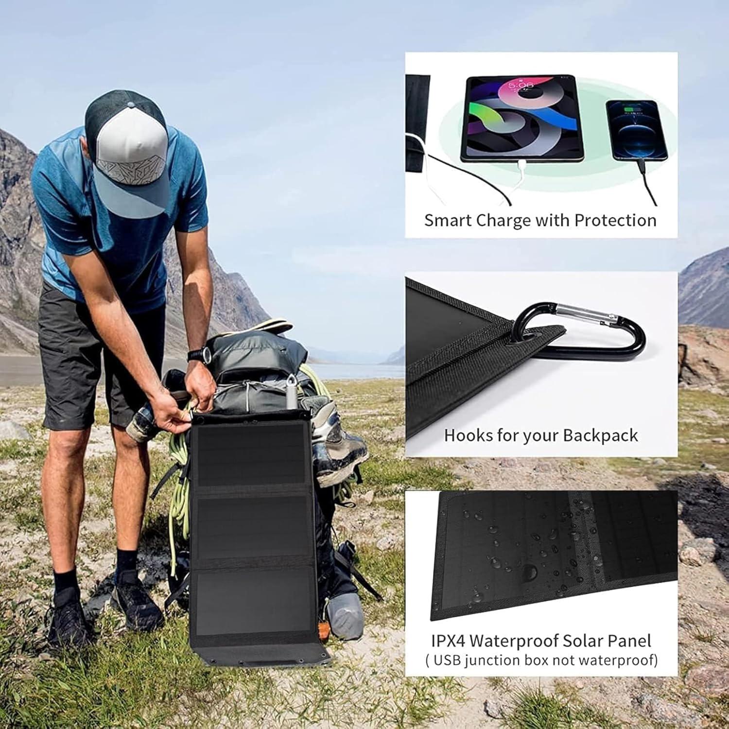 Portable Solar Panel 35W Mobile Phone Solar Charger with Dual USB Outputs Waterproof Smartphones Battery Charger Foldable Solar Charging Panel for Camping, Hiking and Outdoor Trip (Black)