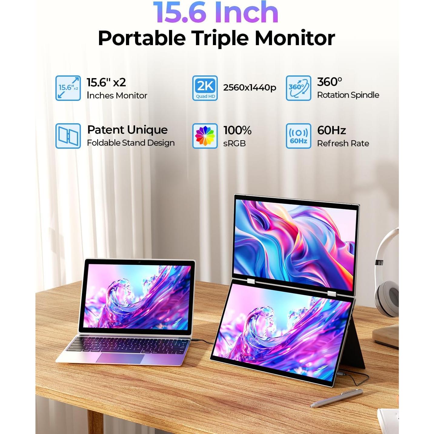 Monitor Doble Portátil YUBWVO 15.6" 2K USB-C Plegable