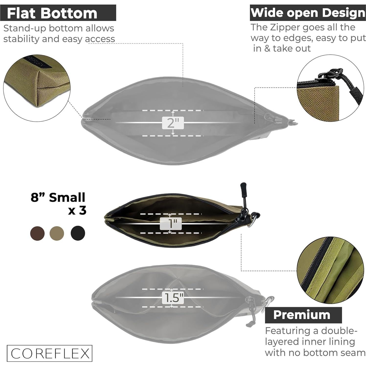 COREFLEX Premium Tool Pouch Zipper Bag, Small Tool Bag, Multipurpose Storage pouch, Heavy duty Flat Bottom Tool bag with YKK Zipper (3 pack Small 8inch)