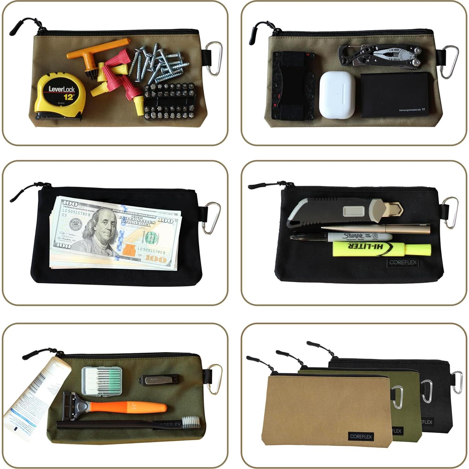 COREFLEX Premium Tool Pouch Zipper Bag, Small Tool Bag, Multipurpose Storage pouch, Heavy duty Flat Bottom Tool bag with YKK Zipper (3 pack Small 8inch)