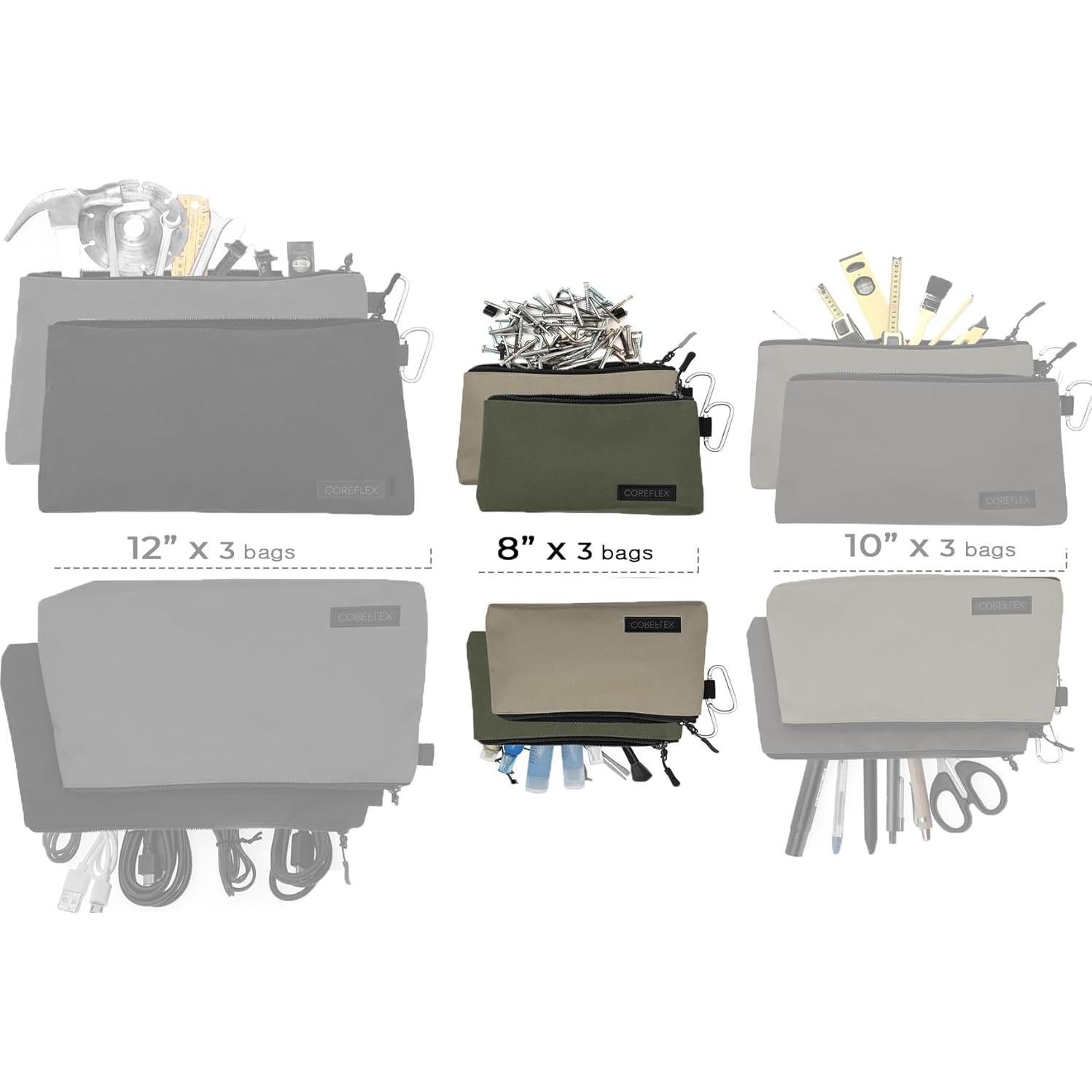 COREFLEX Premium Tool Pouch Zipper Bag, Small Tool Bag, Multipurpose Storage pouch, Heavy duty Flat Bottom Tool bag with YKK Zipper (3 pack Small 8inch)