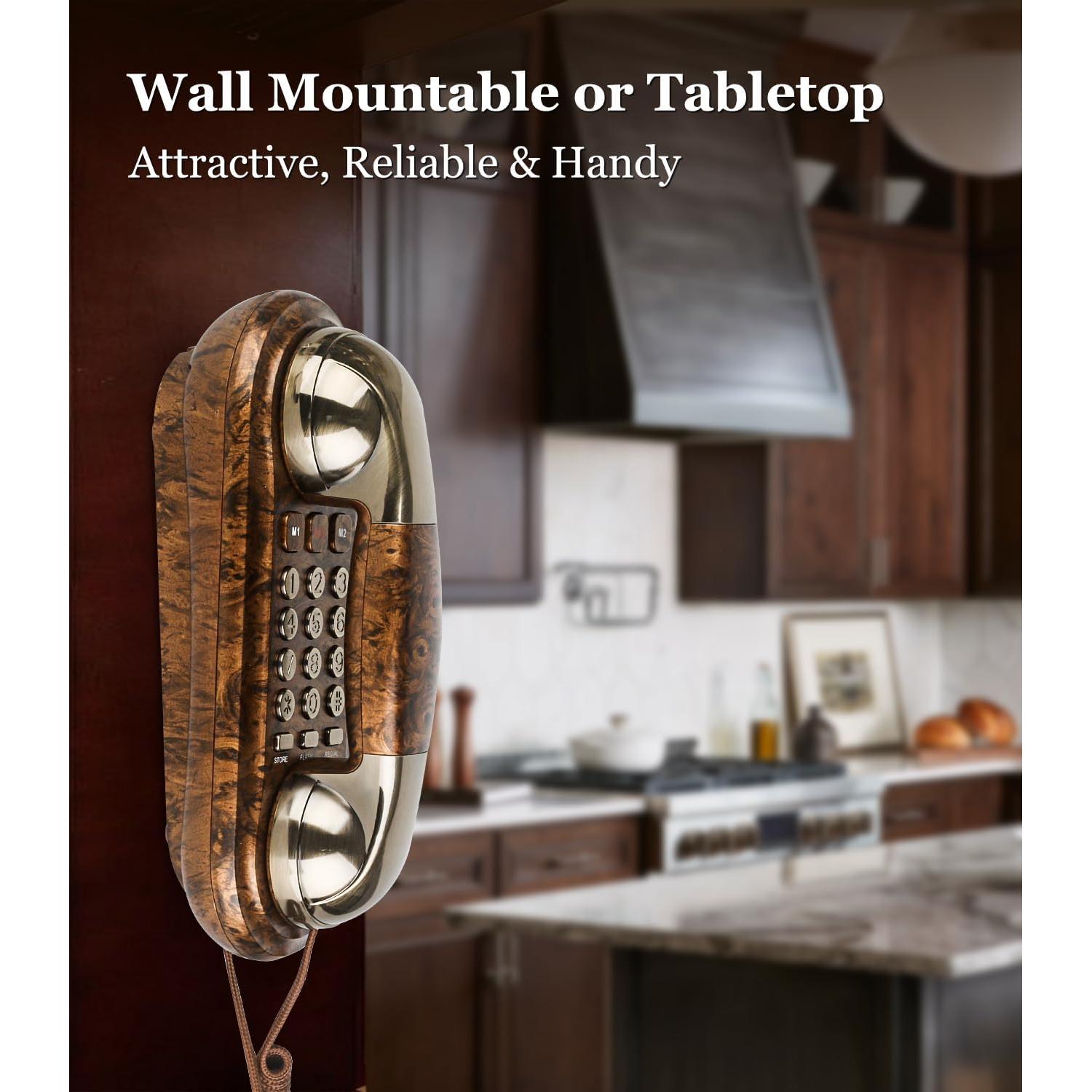 Sangyn Corded Phone Vintage Wood Grain Wall Phone, No AC Power Required, 3 Speed Dial Keys, Big Buttons, Loud Mechanical Ringer, Volume Control, Redial, Mute, Flash, Landline Phone for Home House