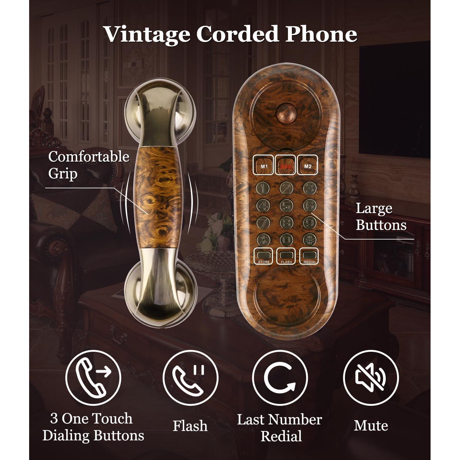 Sangyn Corded Phone Vintage Wood Grain Wall Phone, No AC Power Required, 3 Speed Dial Keys, Big Buttons, Loud Mechanical Ringer, Volume Control, Redial, Mute, Flash, Landline Phone for Home House