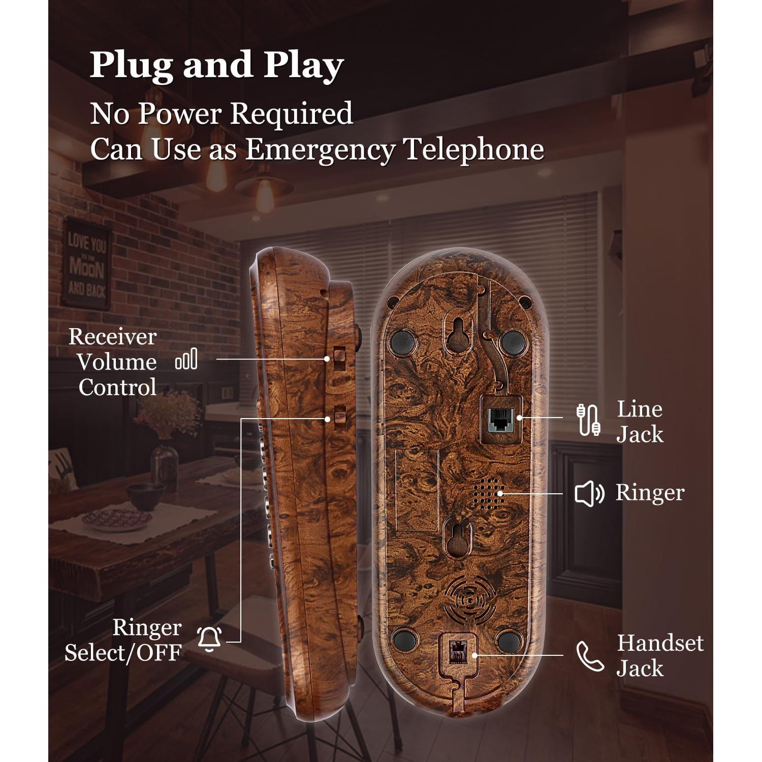 Sangyn Corded Phone Vintage Wood Grain Wall Phone, No AC Power Required, 3 Speed Dial Keys, Big Buttons, Loud Mechanical Ringer, Volume Control, Redial, Mute, Flash, Landline Phone for Home House