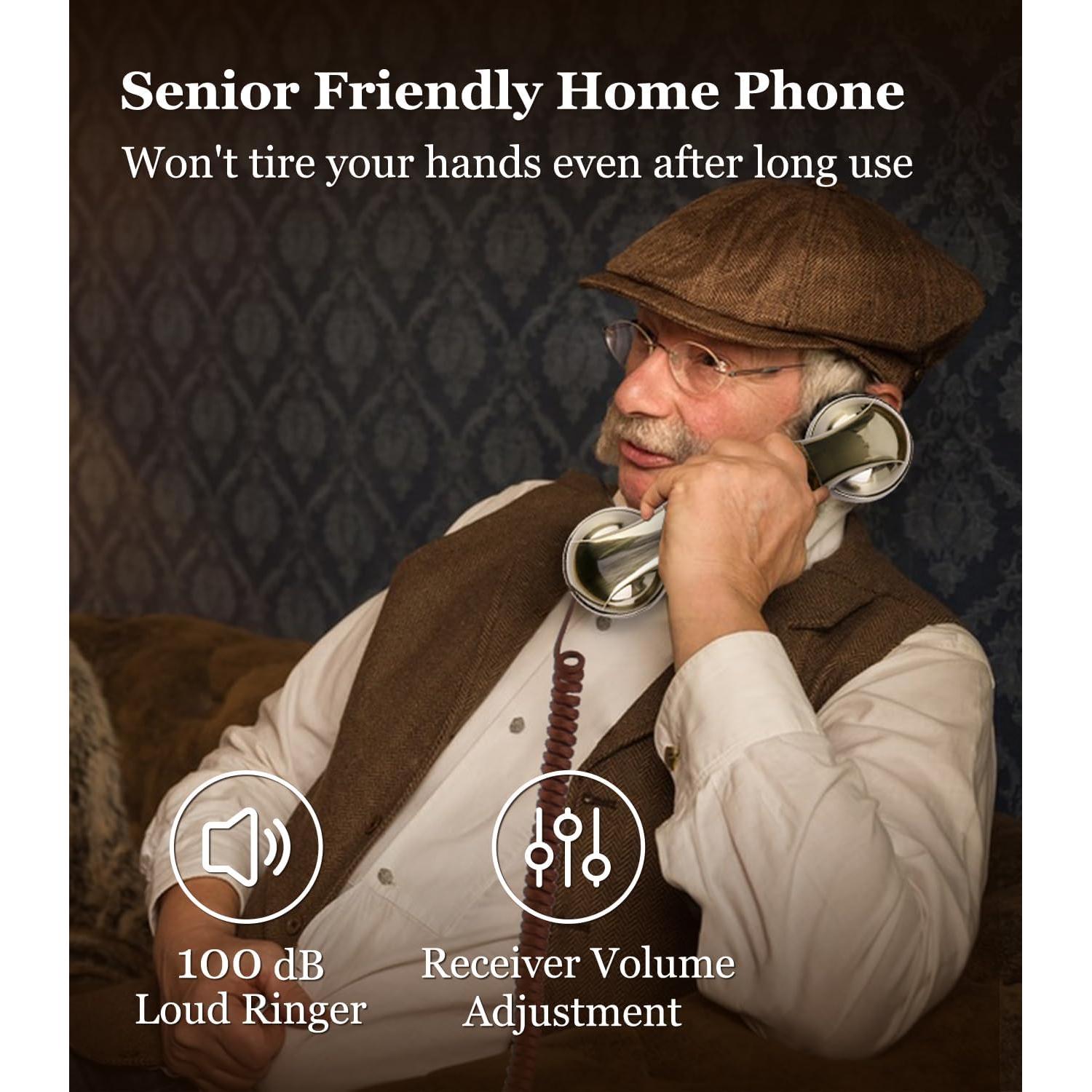 Sangyn Corded Phone Vintage Wood Grain Wall Phone, No AC Power Required, 3 Speed Dial Keys, Big Buttons, Loud Mechanical Ringer, Volume Control, Redial, Mute, Flash, Landline Phone for Home House