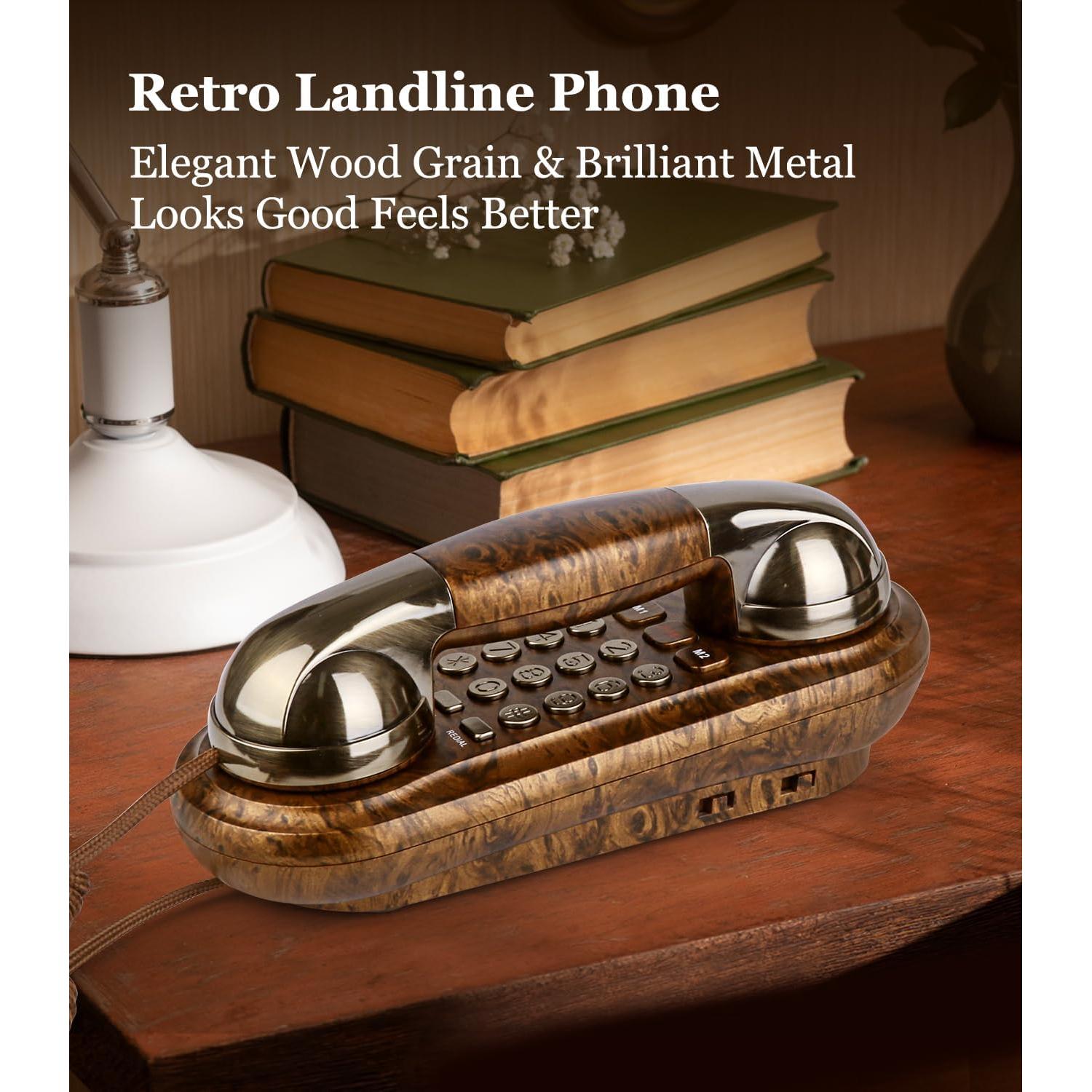 Sangyn Corded Phone Vintage Wood Grain Wall Phone, No AC Power Required, 3 Speed Dial Keys, Big Buttons, Loud Mechanical Ringer, Volume Control, Redial, Mute, Flash, Landline Phone for Home House