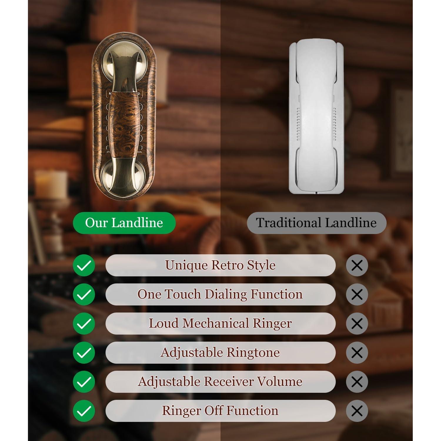 Sangyn Corded Phone Vintage Wood Grain Wall Phone, No AC Power Required, 3 Speed Dial Keys, Big Buttons, Loud Mechanical Ringer, Volume Control, Redial, Mute, Flash, Landline Phone for Home House