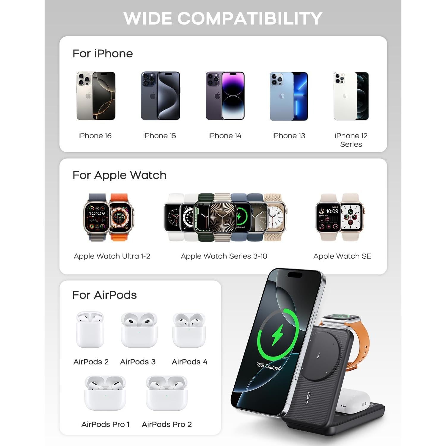 Cargador Portátil RORRY 3 en 1 10000mAh para iPhone y Apple Watch